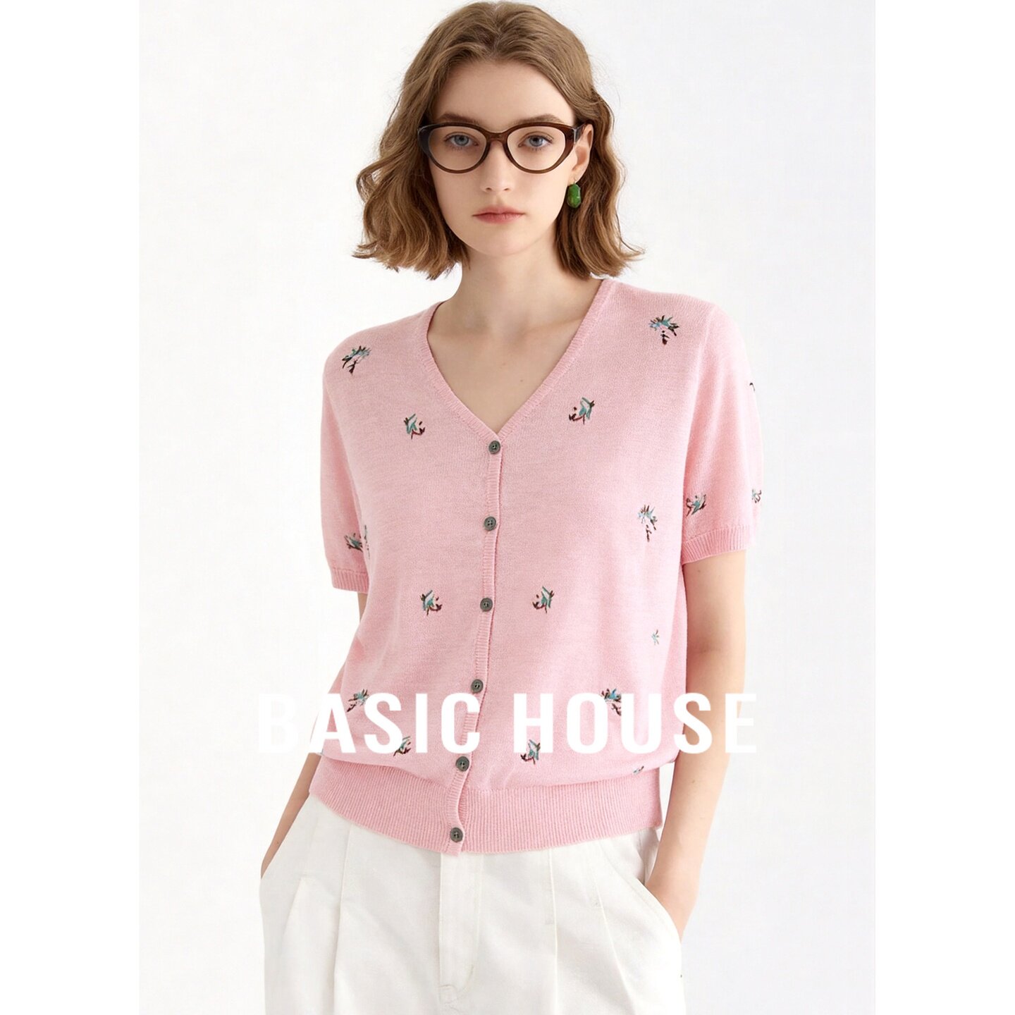 Basic House/百家好2026夏季V领刺绣针织开衫女粉色减龄可爱上衣
