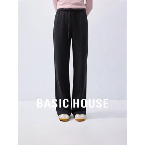 Basic House/百家好简约高腰抽绳阔腿裤女新款宽松垂感显瘦休闲裤