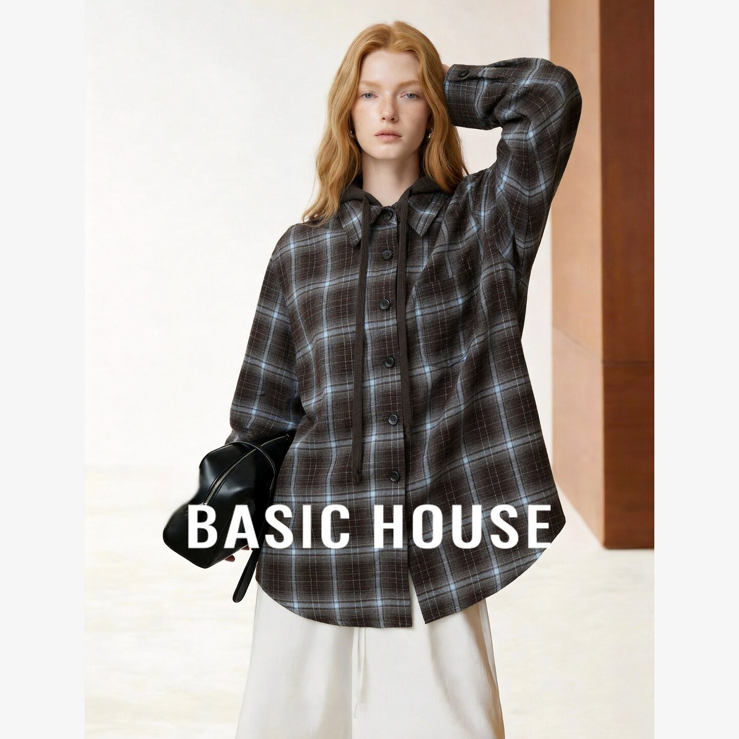 Basic House/百家好复古格纹连帽衬衫女装宽松廓形外套慵懒风上衣