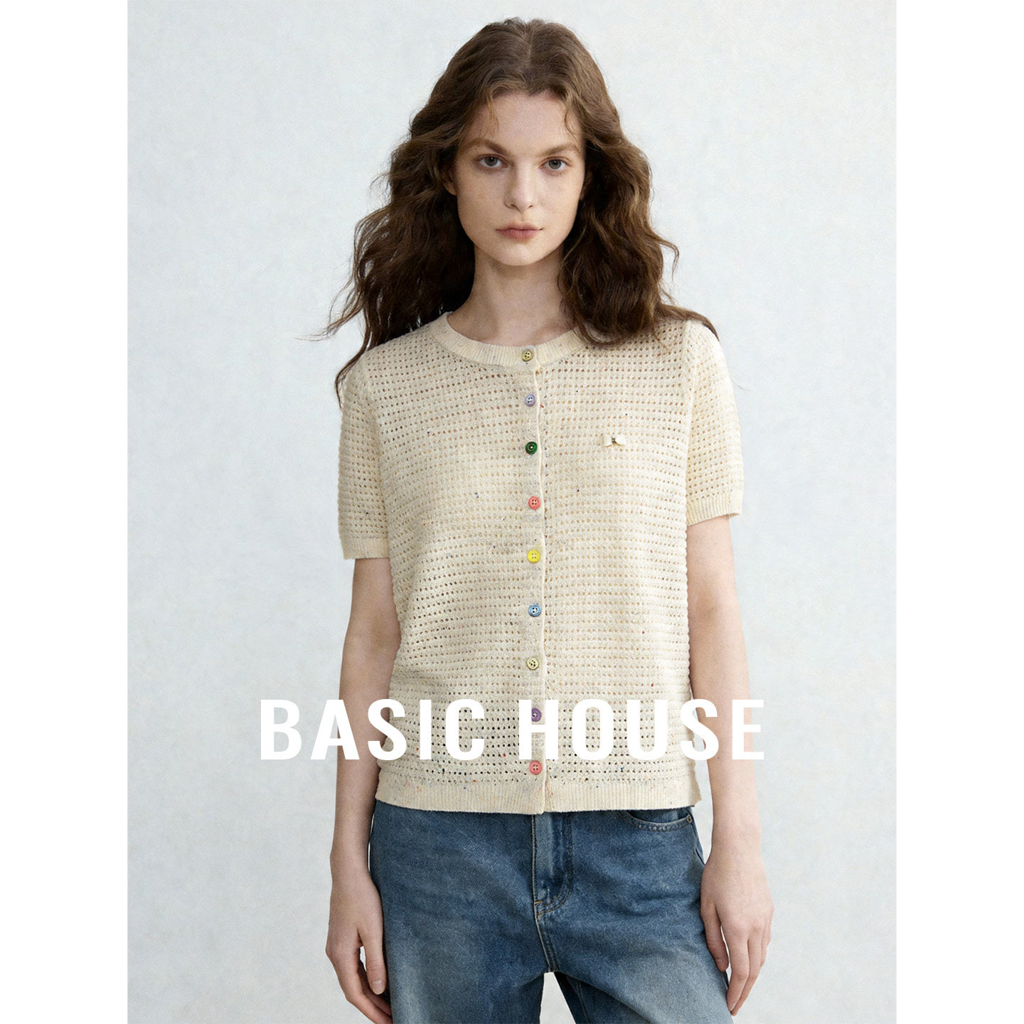 Basic House/百家好圆领彩扣短袖针织衫夏季新款流行宽松开衫上衣