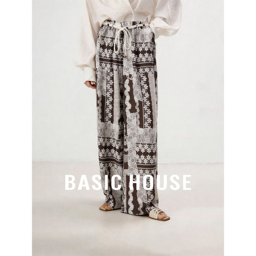 Basic House/百家好复古印花垂感阔腿休闲裤女新款莱赛尔直筒长裤