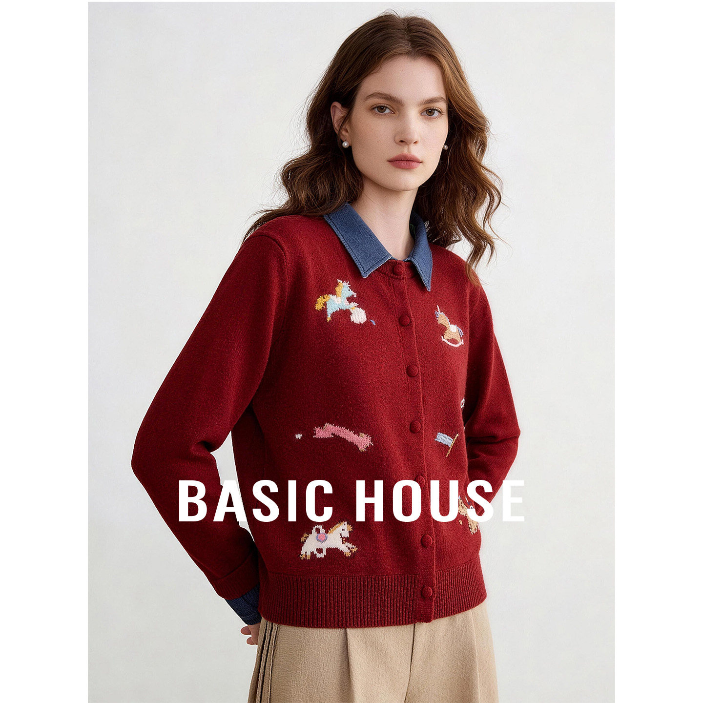 Basic House/百家好翻领拼接刺绣设计毛衣开衫女秋季减龄百搭上衣