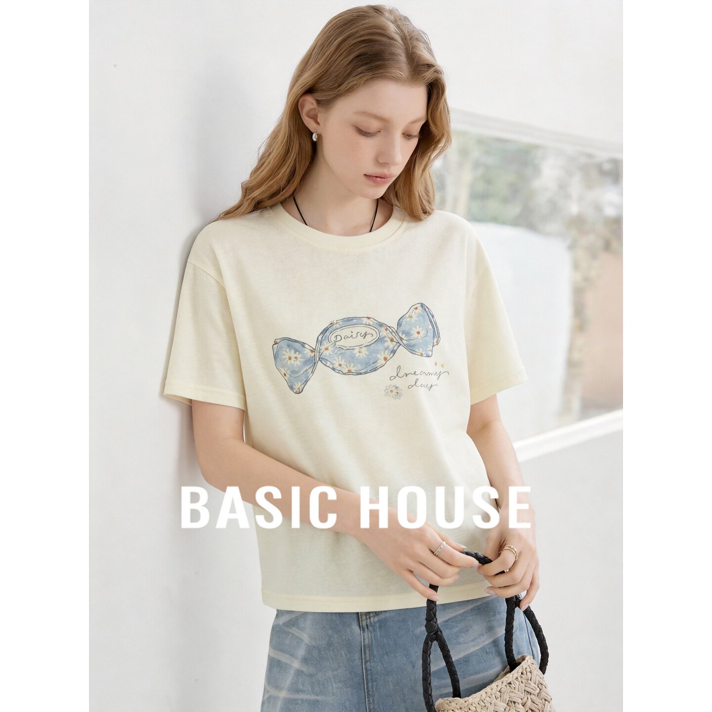 Basic House/百家好糖果印花短袖T恤女夏浅黄宽松显瘦百搭上衣