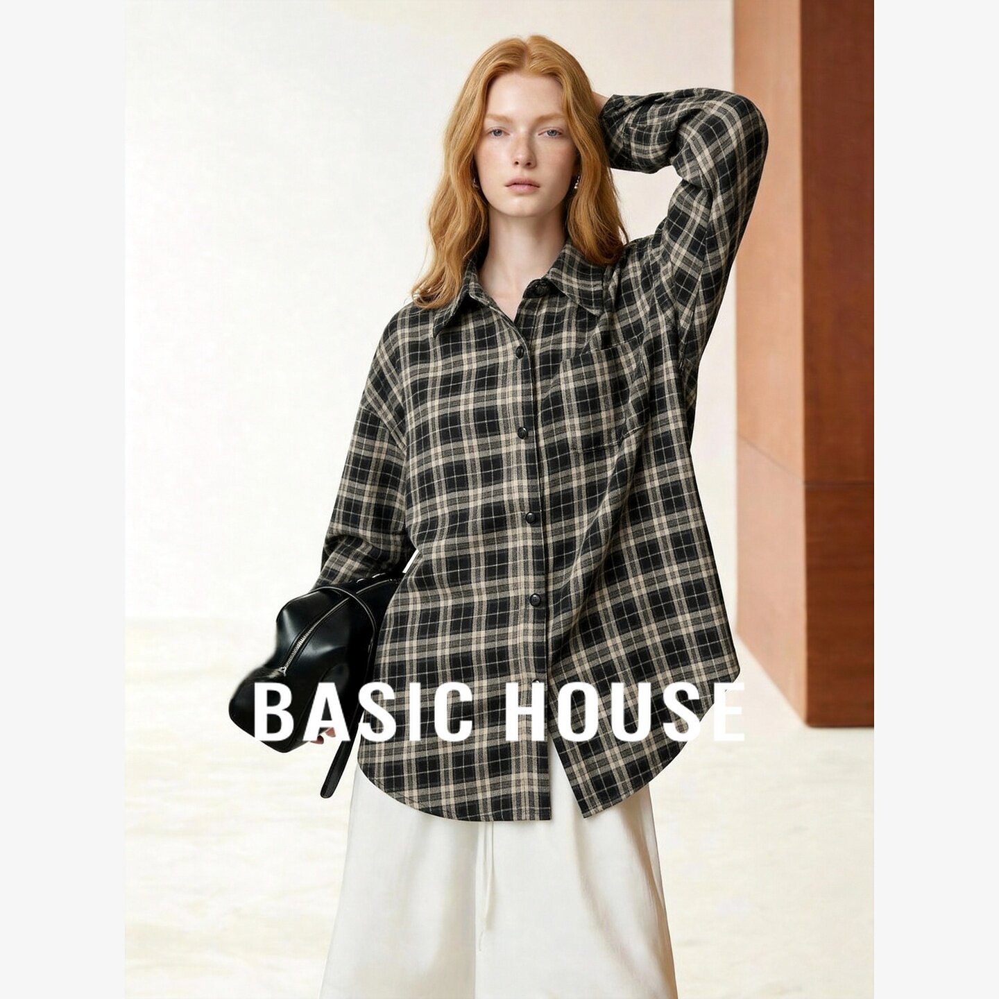 Basic House/百家好复古格纹衬衫女装长袖宽松廓形外套慵懒风上衣