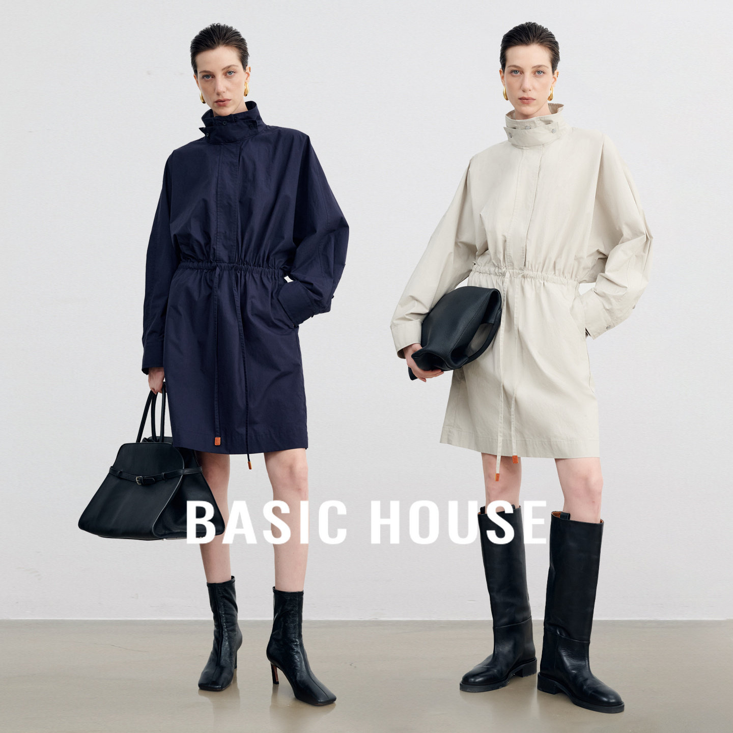 Basic House/百家好翻领纯色长袖收腰宽松风衣式百搭春季连衣裙女