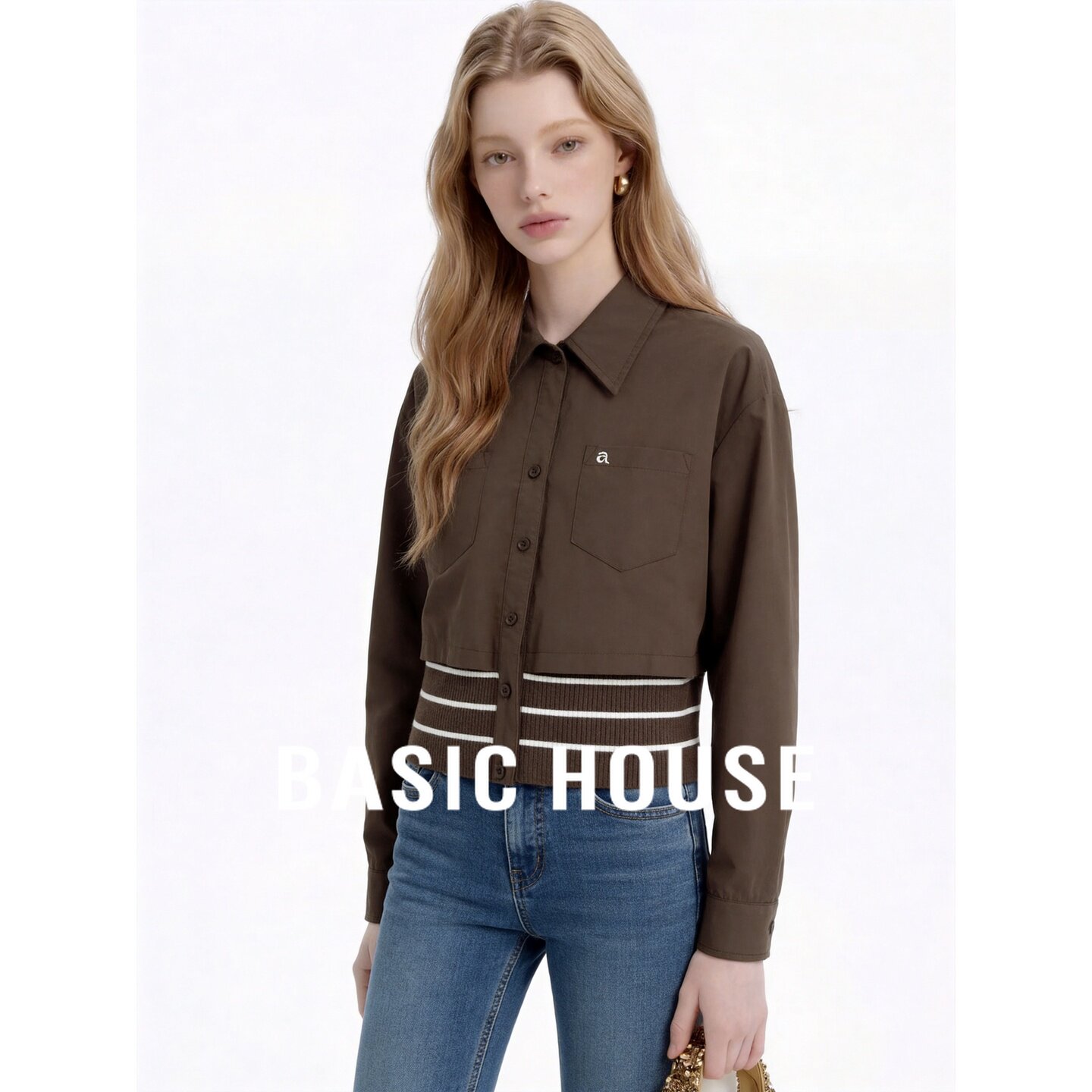 Basic House/百家好咖啡色翻领设计感假两件条纹拼接收腰长袖衬衫
