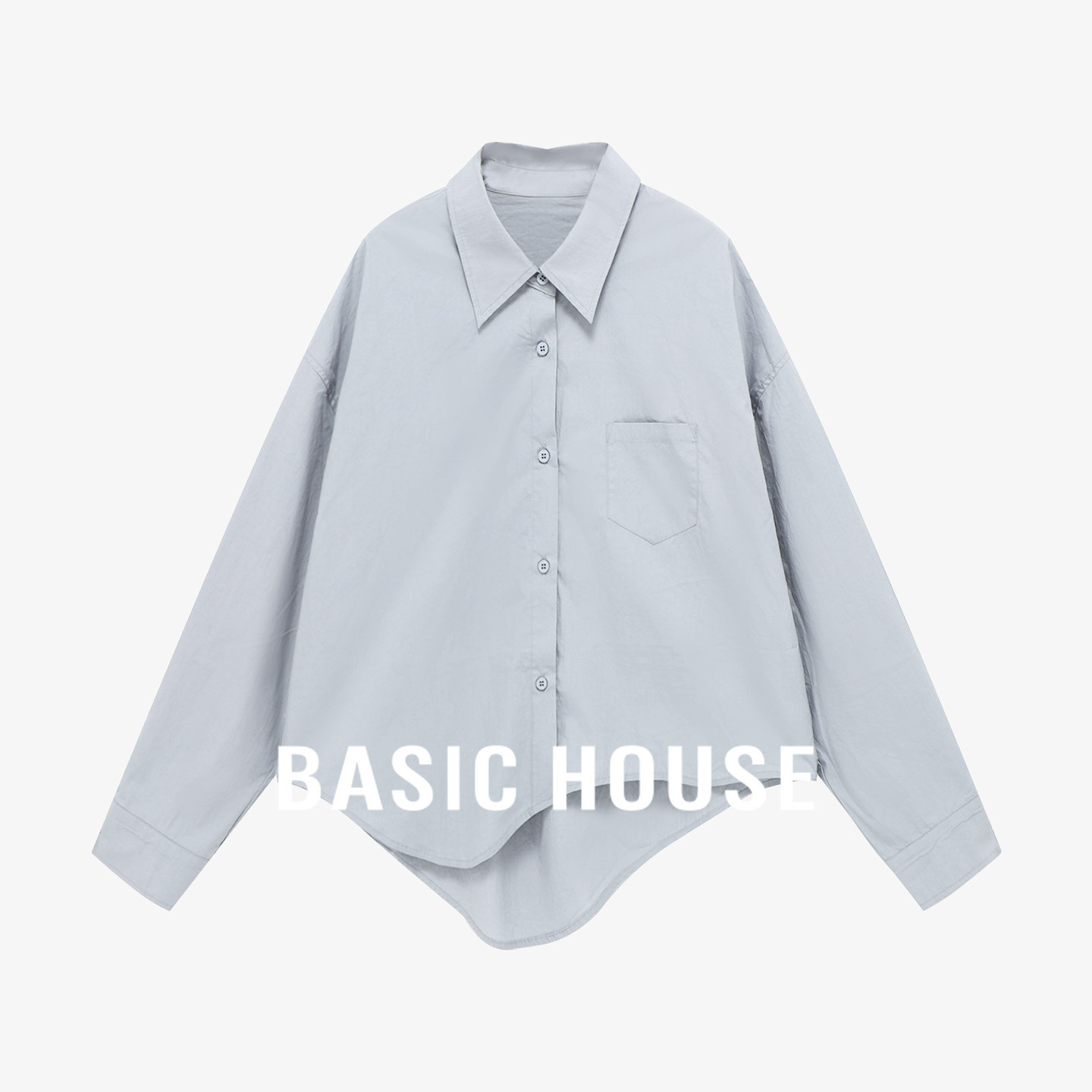 Basic House/百家好四季刚需不规则下摆翻领衬衫通勤极简长袖衬衣