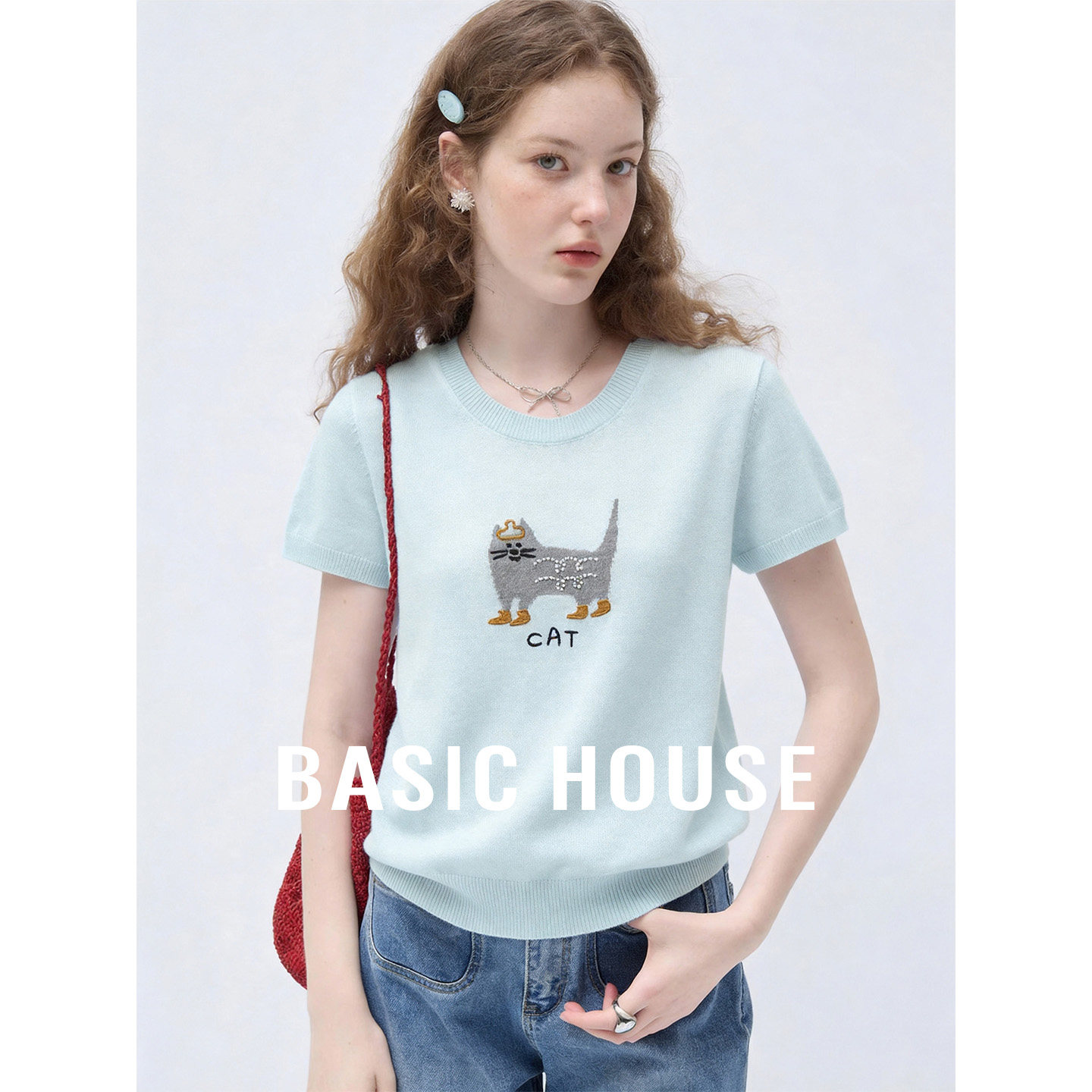 Basic House/百家好莱赛尔透气短袖针织衫女夏猫咪刺绣超好看上衣