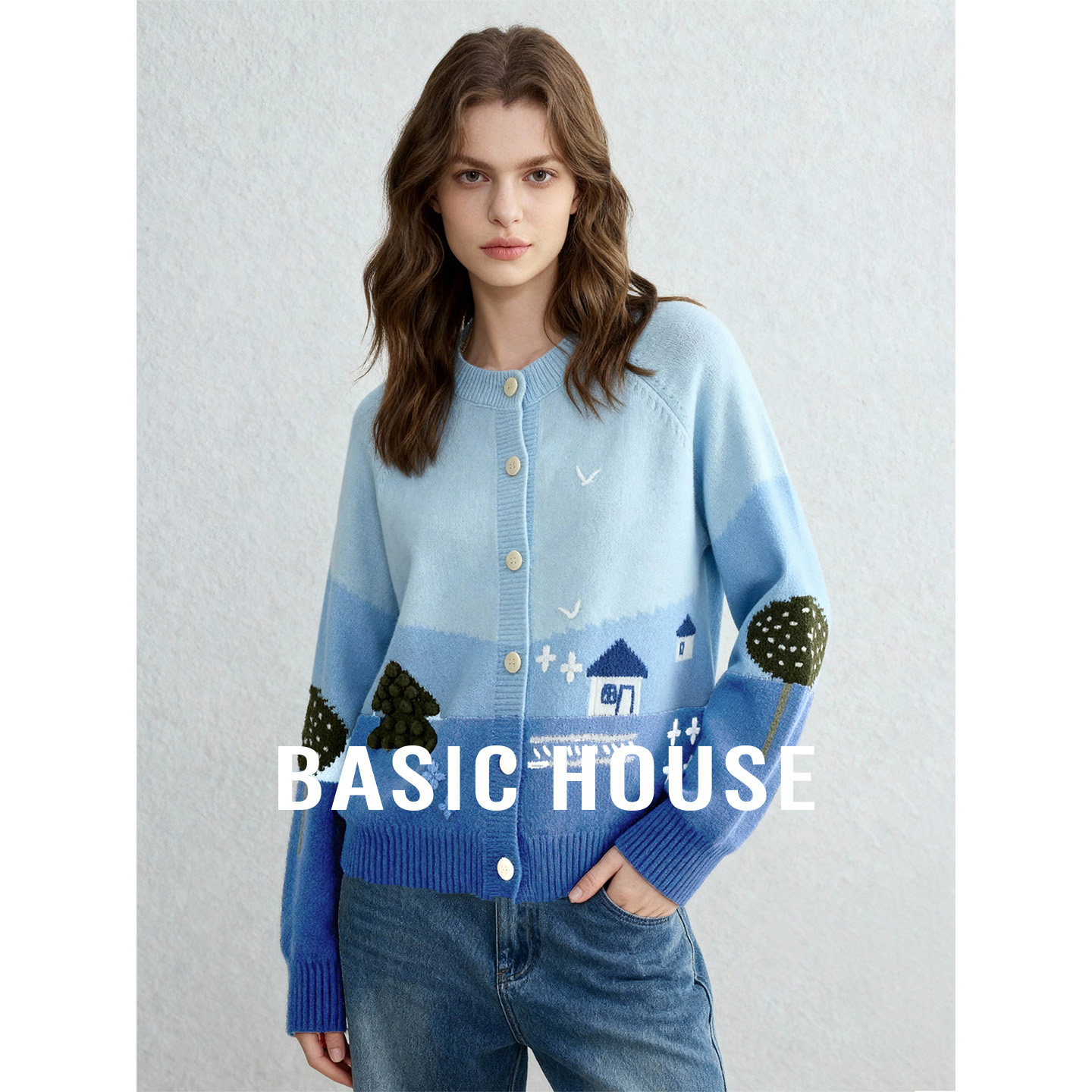Basic House/百家好蓝色复古提花圆领毛衣女春季好看宽松开衫上衣