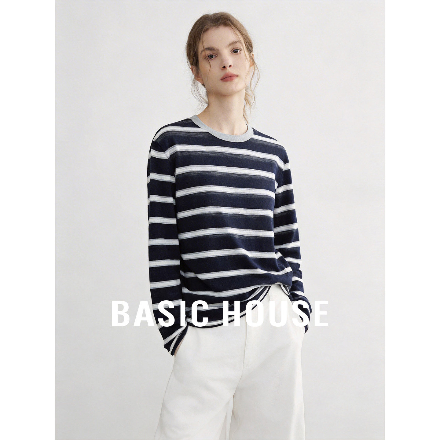 Basic House/百家好撞色圆领条纹针织衫秋季宽松显瘦薄款长袖上衣