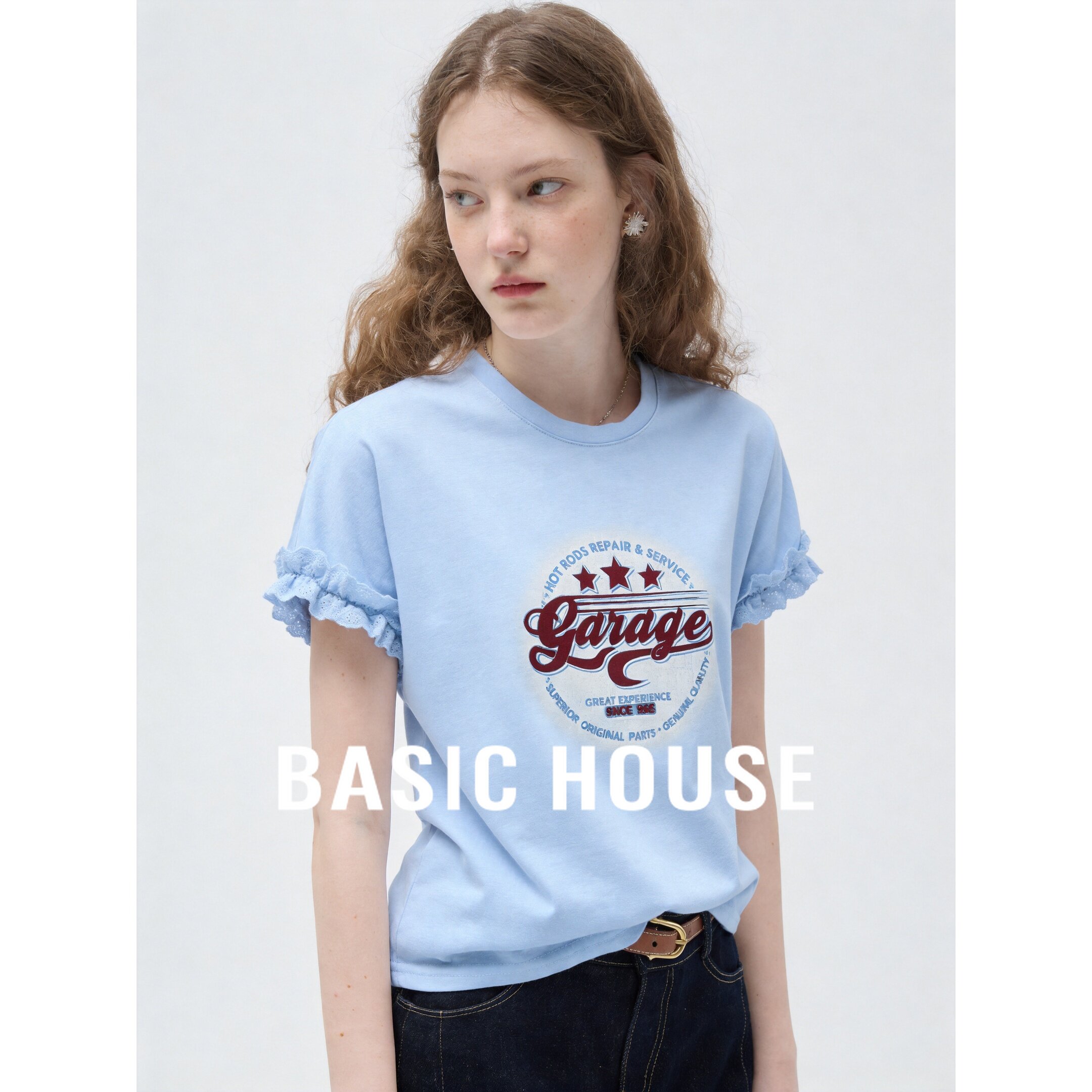 Basic House/百家好美式复古印花短袖T恤浅蓝色圆领正肩百搭上衣