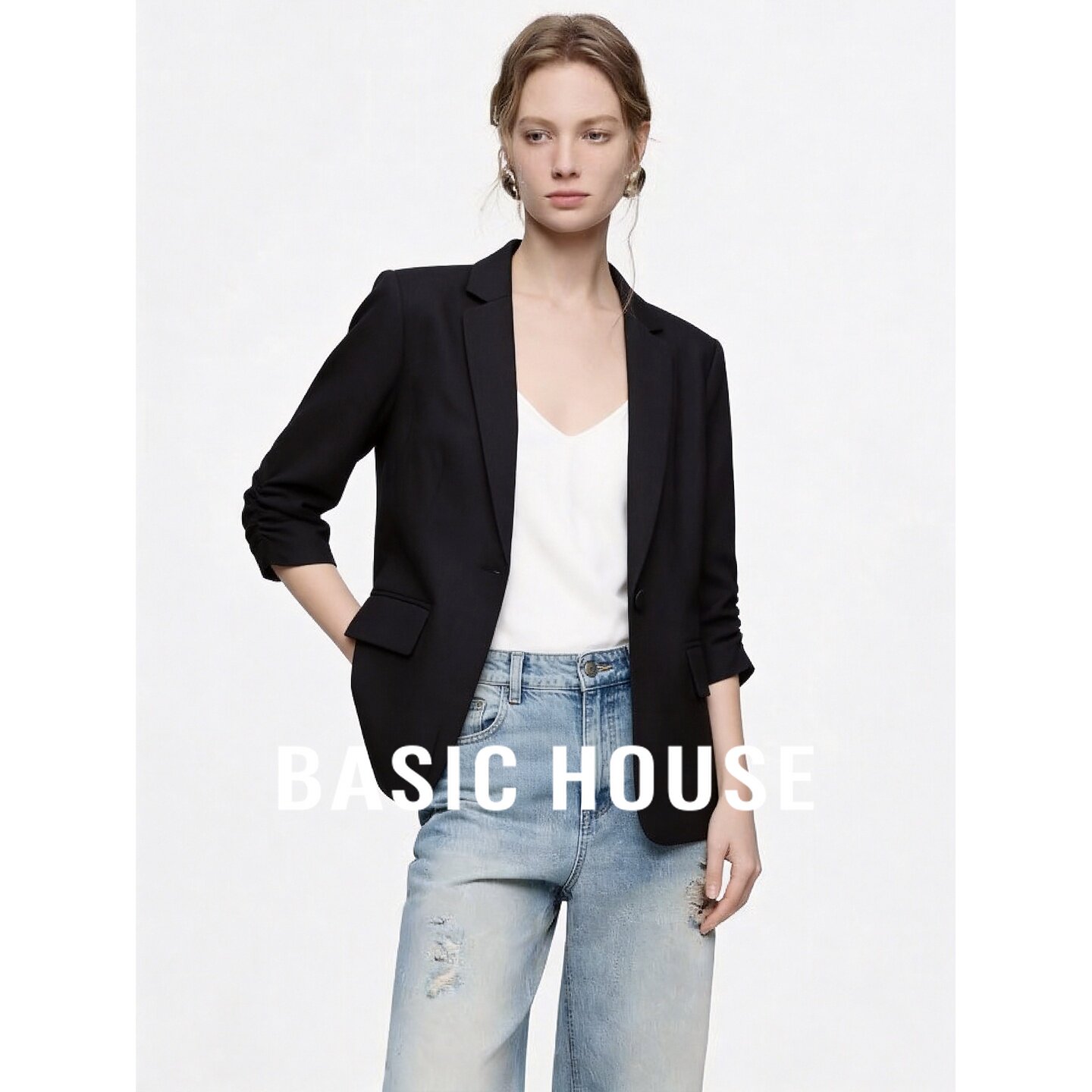 Basic House/百家好黑色七分袖西装女秋修身气质通勤百搭亚麻外套