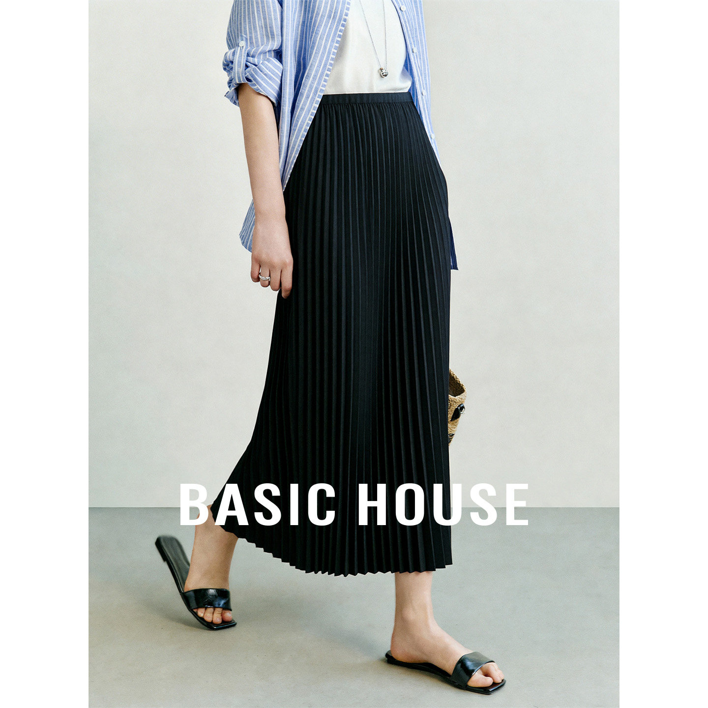 Basic House/百家好黑色简约半身长裙女夏季宽松遮肉百搭直筒裙