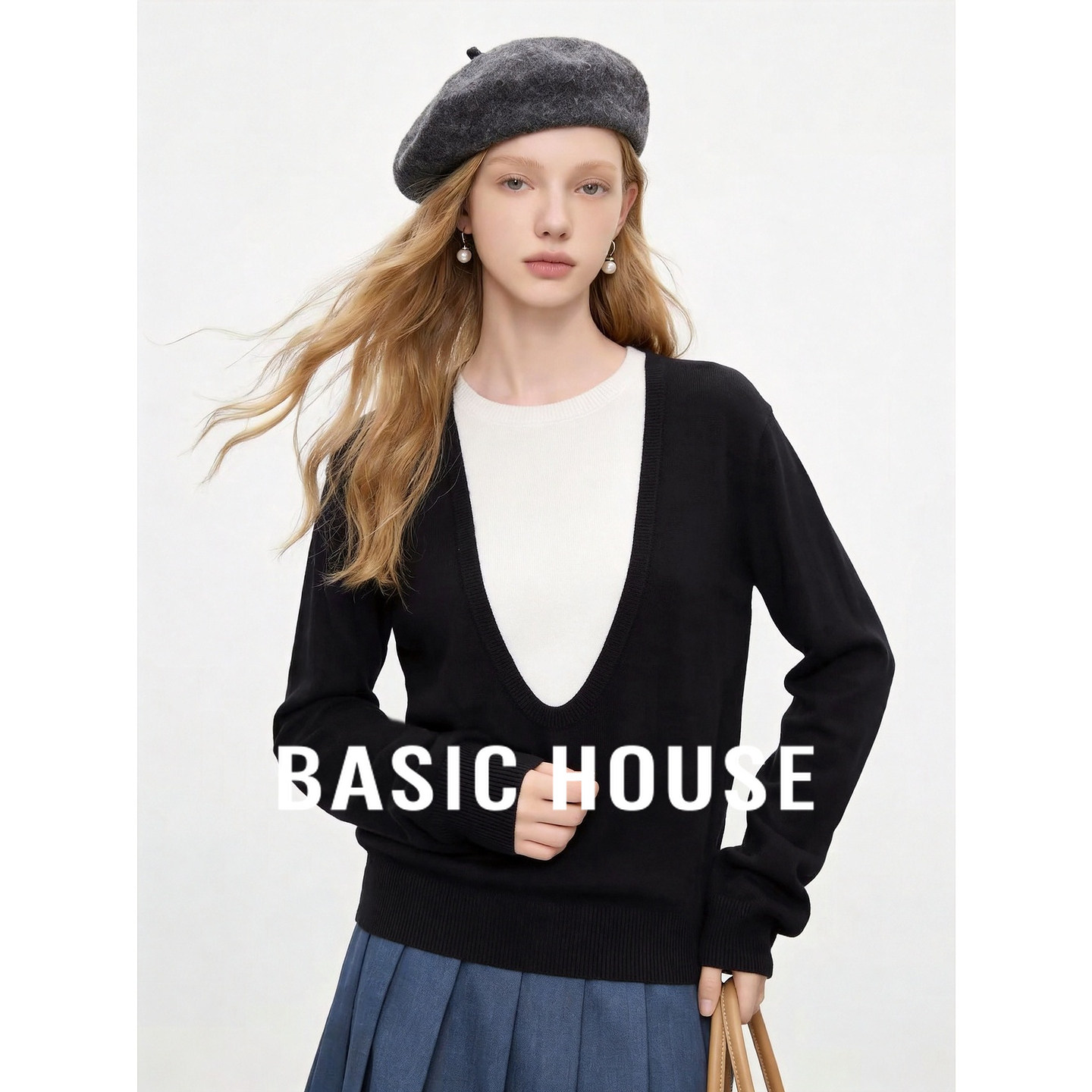 Basic House/百家好高级感假两件羊毛针织衫女秋季慵懒风长袖毛衣