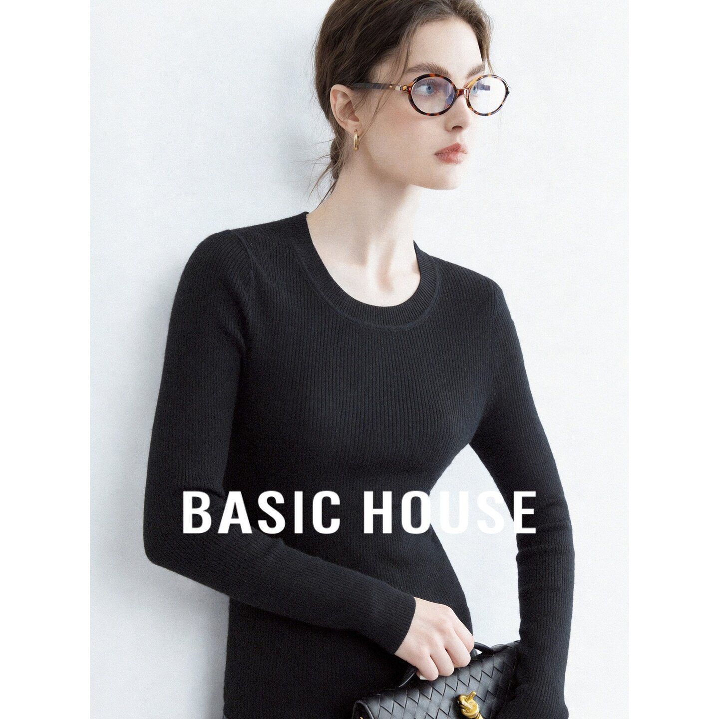Basic House/百家好极简全羊毛黑色圆领长袖针织衫女修身百搭上衣