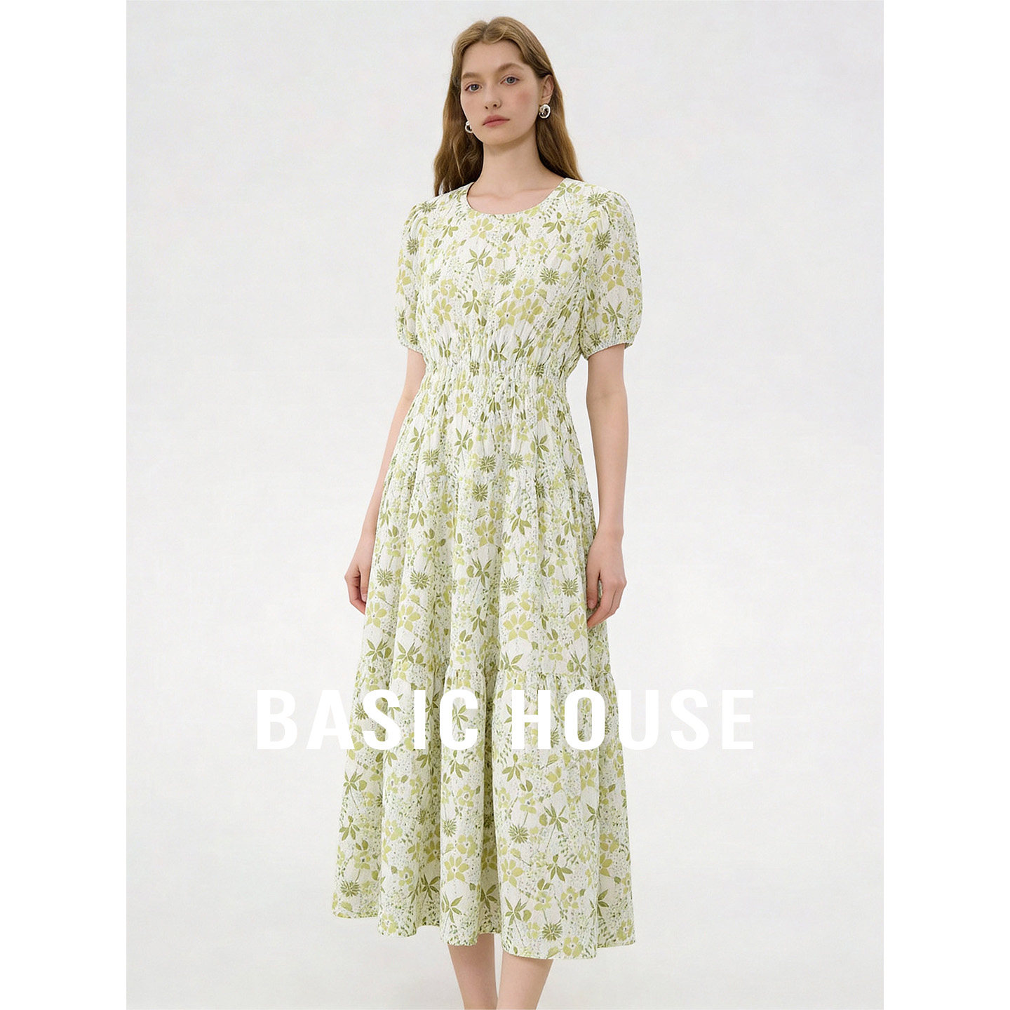 Basic House/百家好复古碎花收腰显瘦连衣裙26秋夏U领中长款裙子