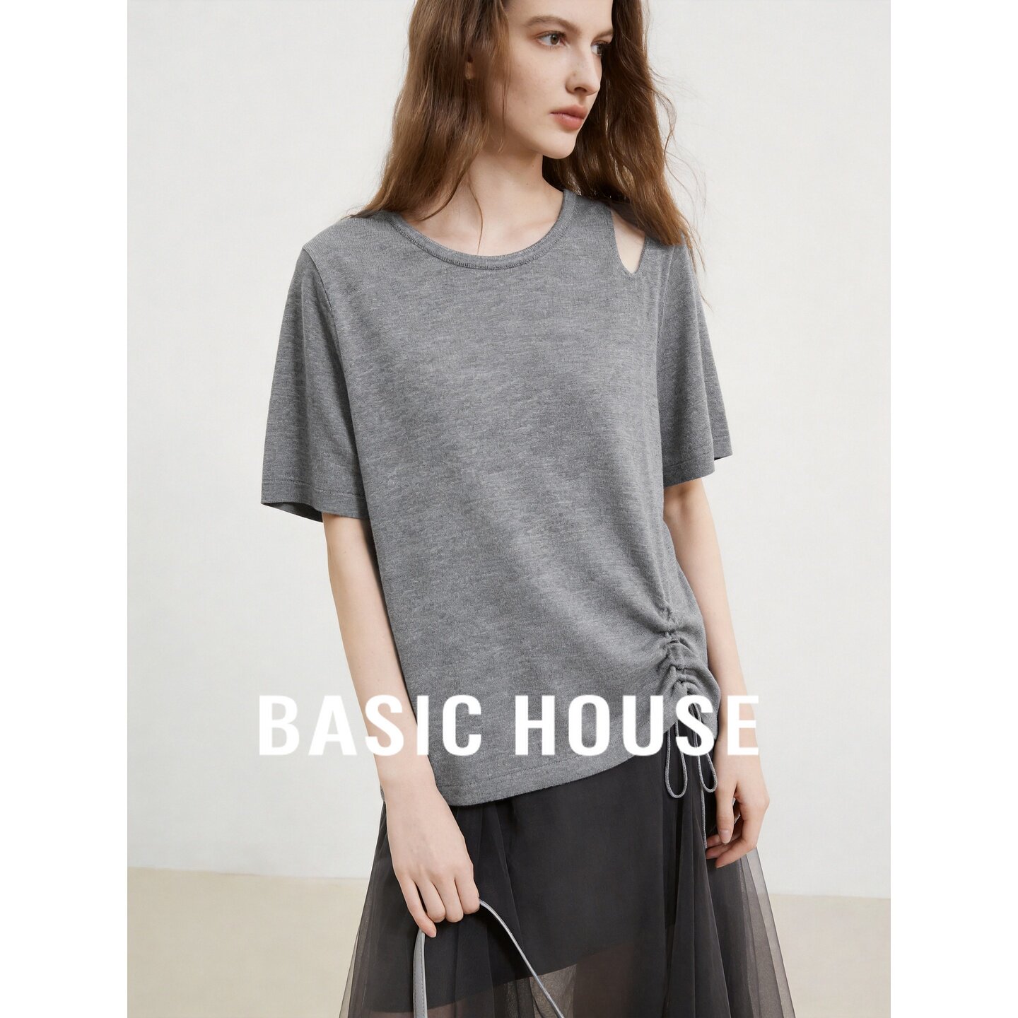 Basic House/百家好灰色气质短袖针织衫女夏季亚麻宽松基础款上衣