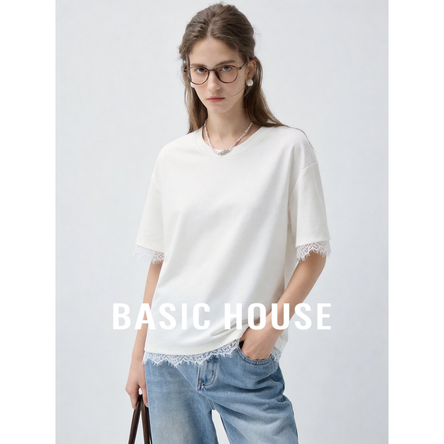 Basic House/百家好莱赛尔白色设计感蕾丝边短袖T恤宽松显瘦上衣