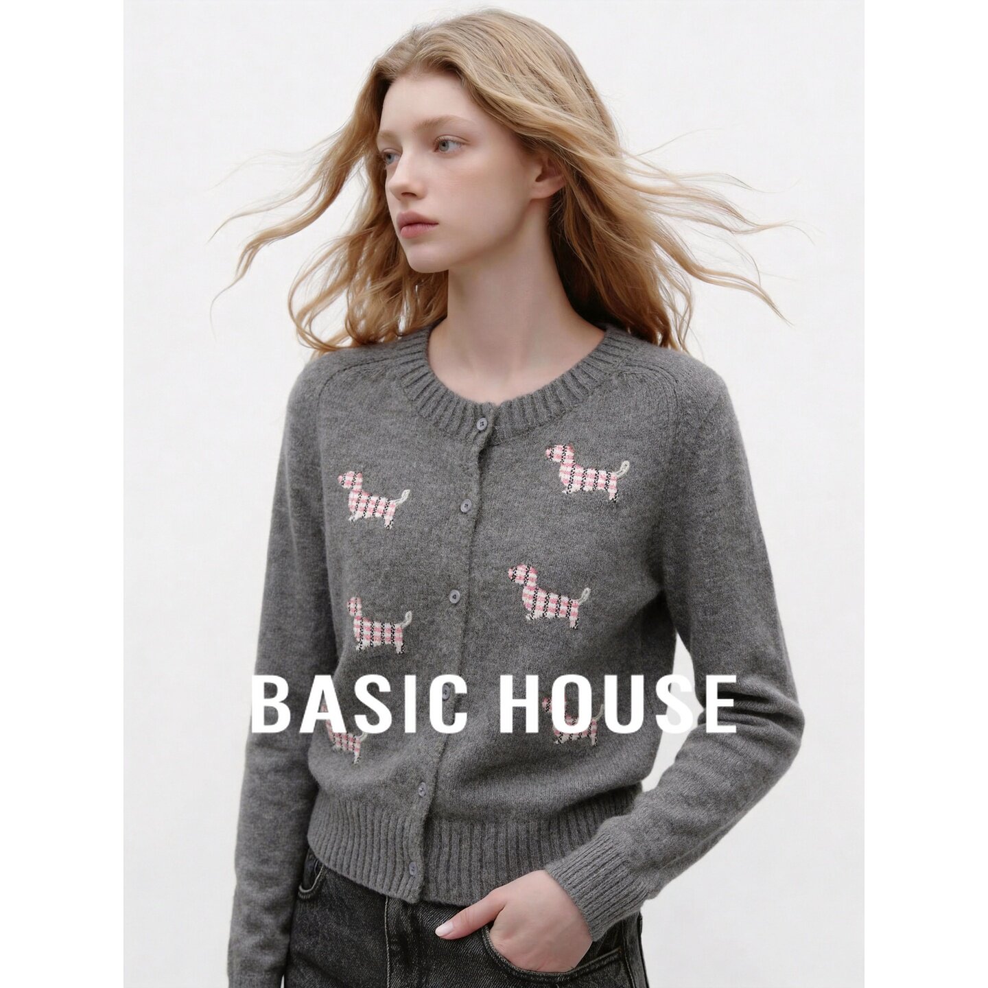 Basic House/百家好灰色圆领小狗针织开衫女百搭减龄毛衣外套秋季