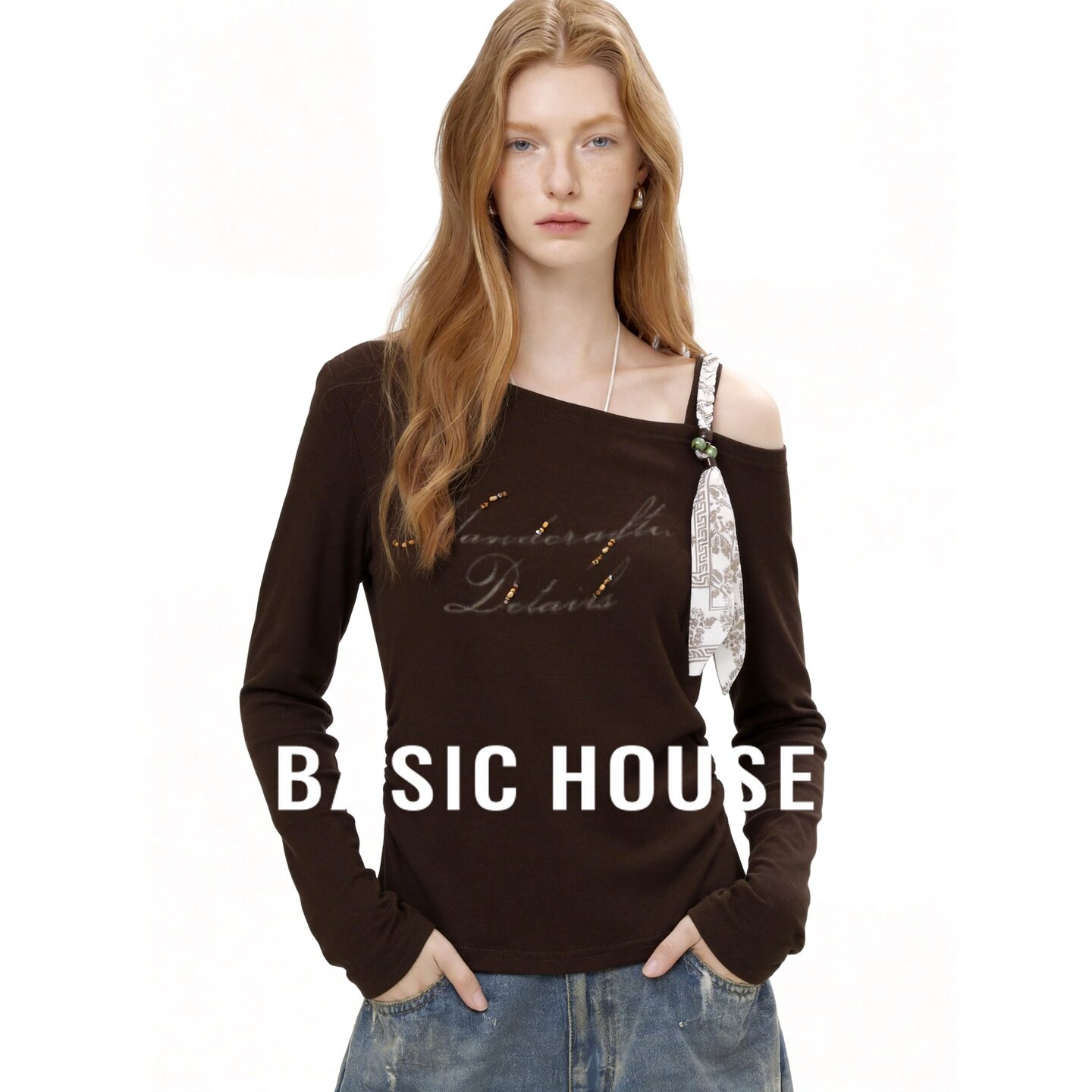Basic House/百家好2026秋季复古斜领丝带长袖T恤女百搭显瘦上衣