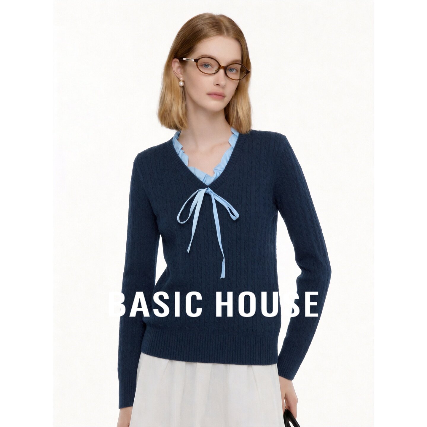 Basic House/百家好2026秋季藏蓝荷叶领蝴蝶结系带修身长袖针织衫
