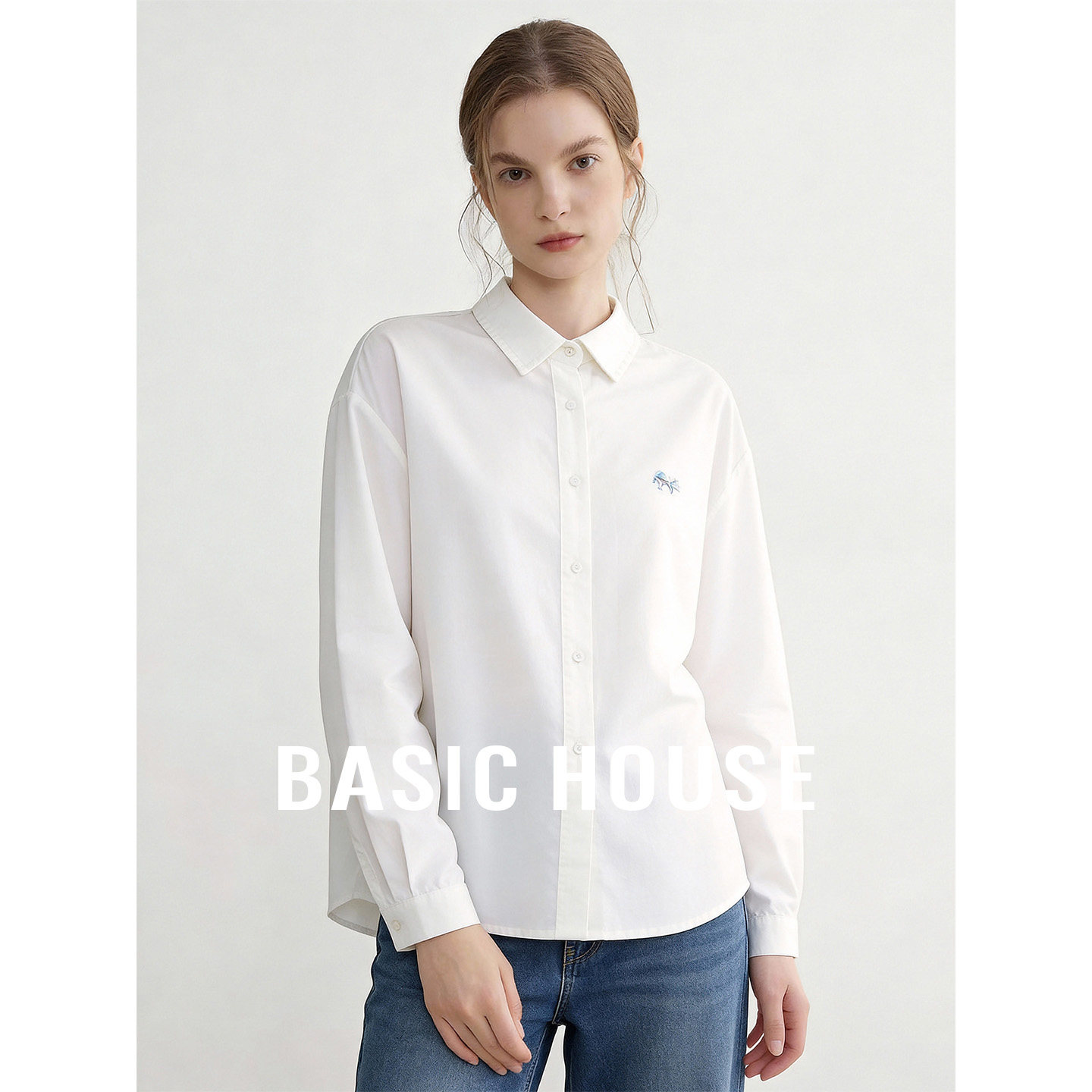 Basic House/百家好莱赛尔翻领衬衫女26秋季绣花休闲通勤百搭上衣