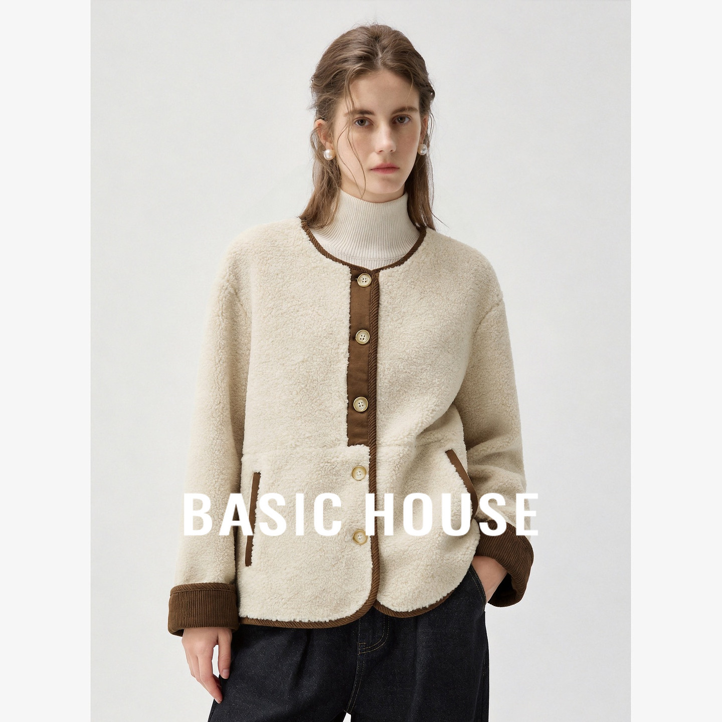 Basic House/百家好羊羔毛短外套女撞色拼接加厚保暖百搭开衫上衣