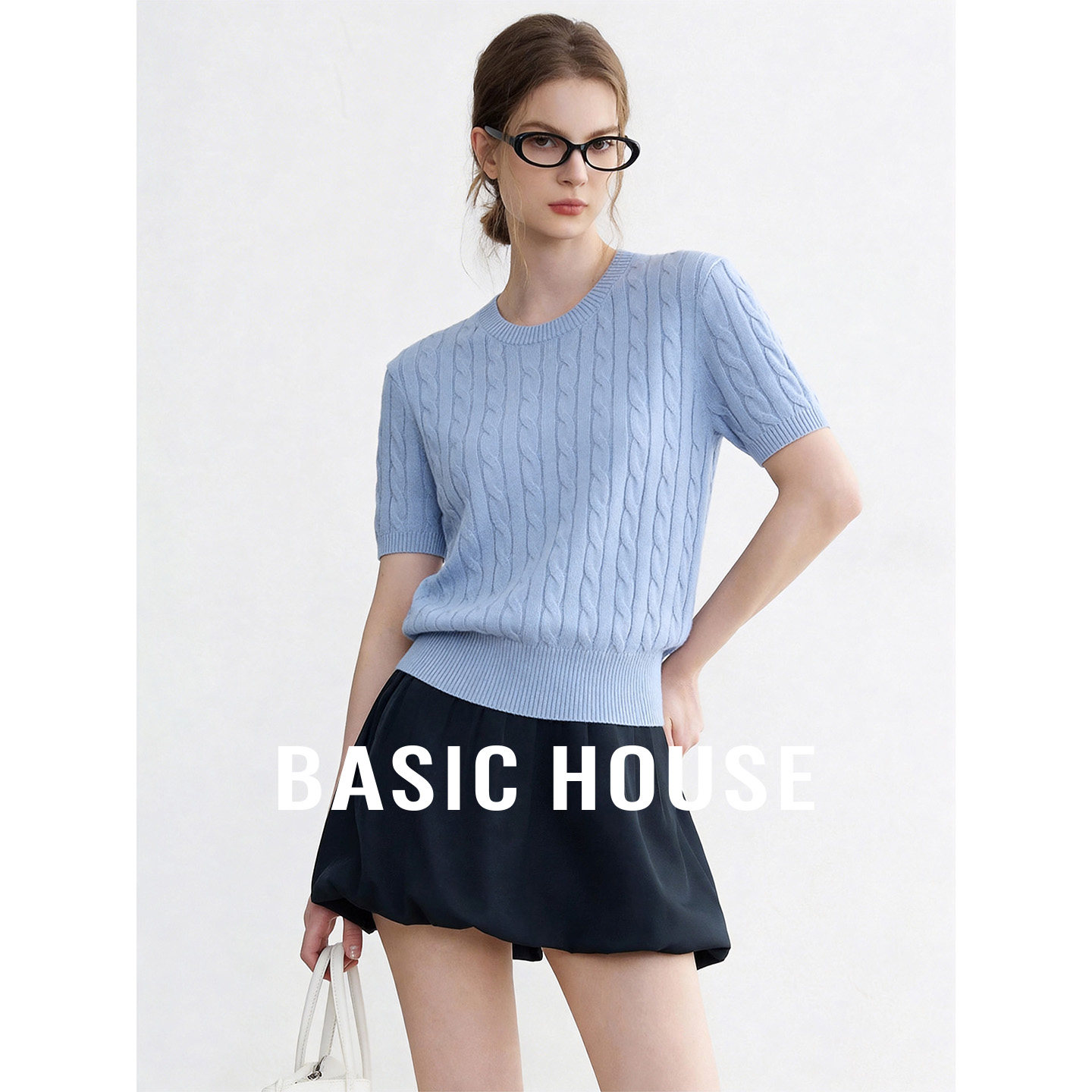Basic House/百家好纯色圆领短袖绞花针织衫2026夏季百搭短款上衣