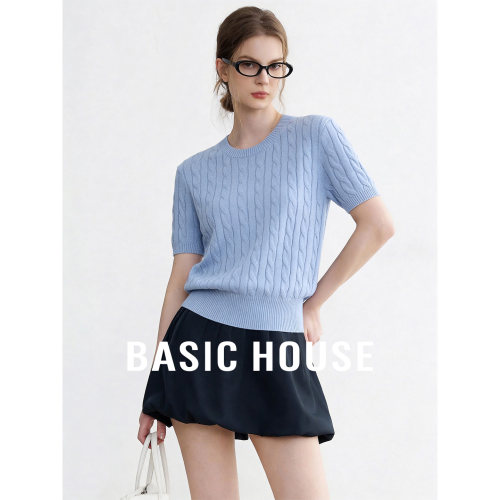 Basic House/百家好纯色圆领短袖绞花针织衫2026夏季百搭短款上衣