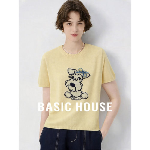 Basic House/百家好2026夏小众设计舒适百搭短袖针织衫女套头上衣