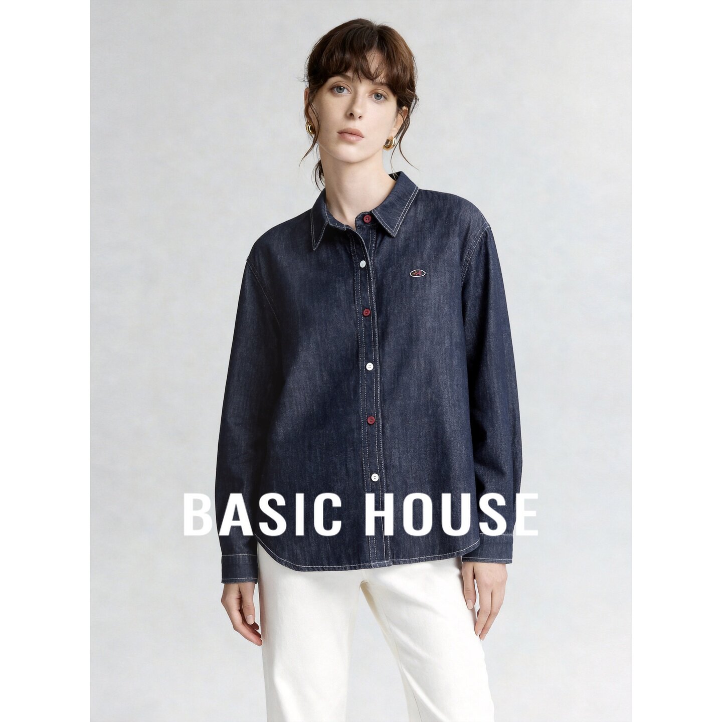 Basic House/百家好蓝色牛仔衬衫女长袖宽松显瘦设计感扣外套百搭