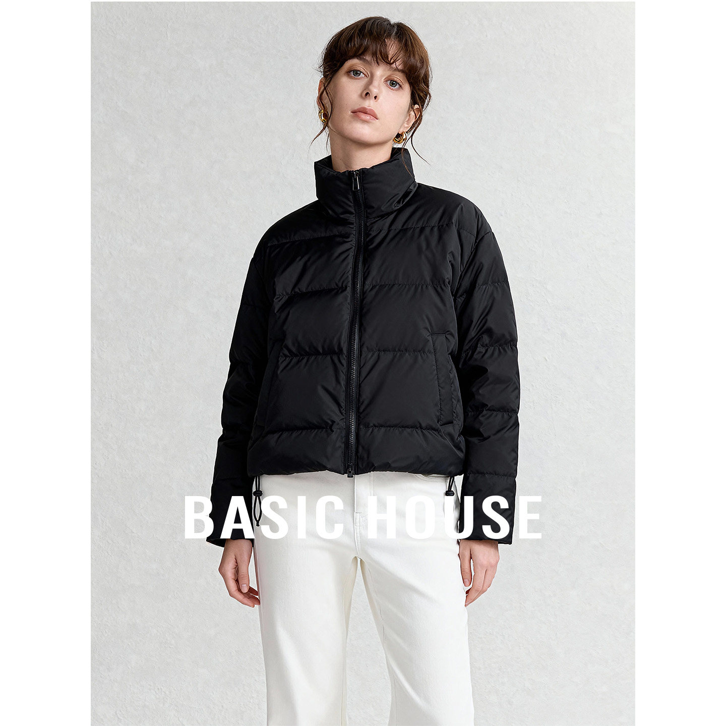 Basic House/百家好立领黑色基础款短款羽绒服女冬季加厚保暖外套