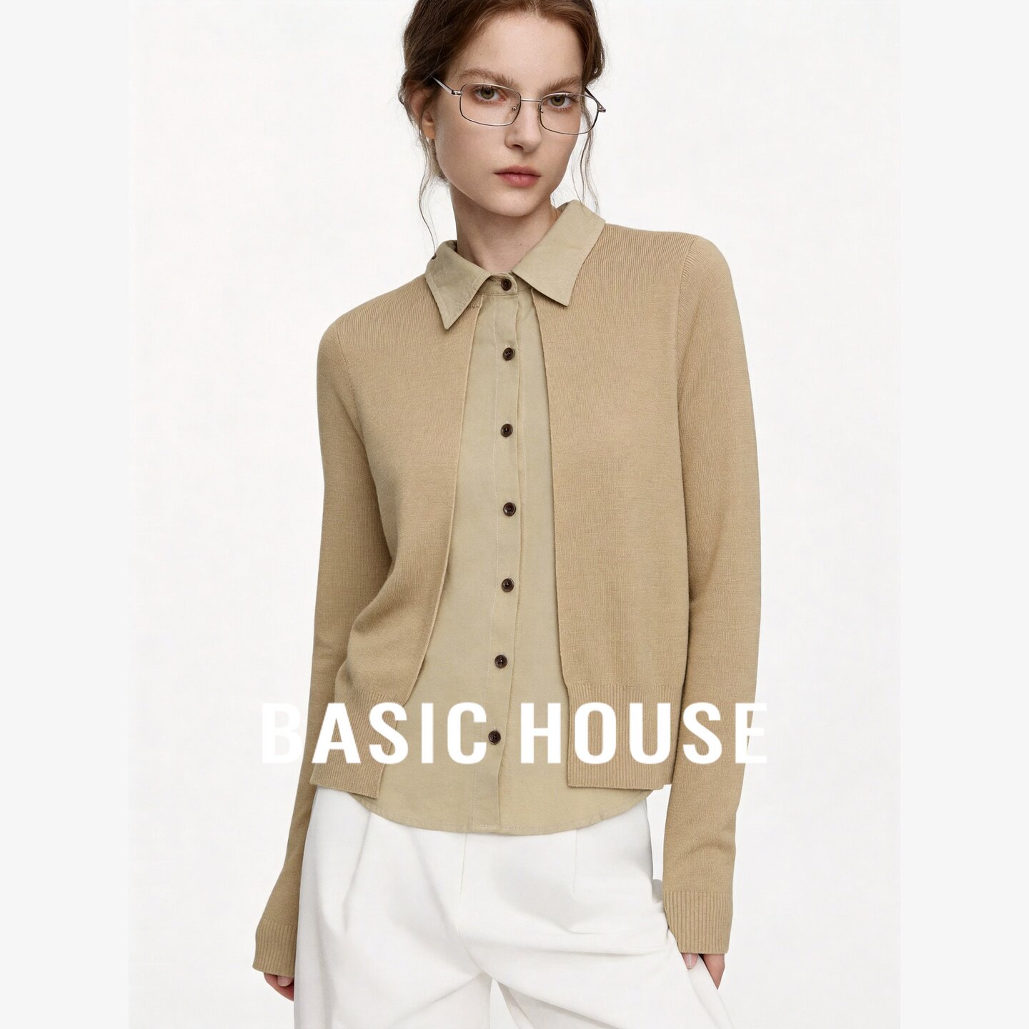 Basic House/百家好假两件polo领长袖针织开衫女装设计感修身毛衣
