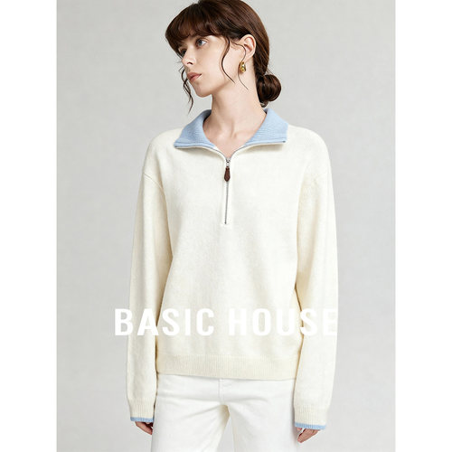 Basic House/百家好25翻领白色绵羊毛毛衣女秋冬简约百搭好看上衣