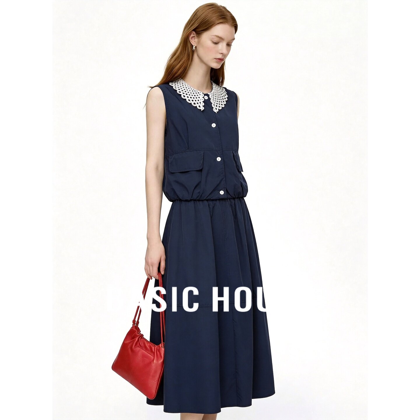 Basic House/百家好松弛感藏蓝色无袖上衣A字半身裙女夏两件套装