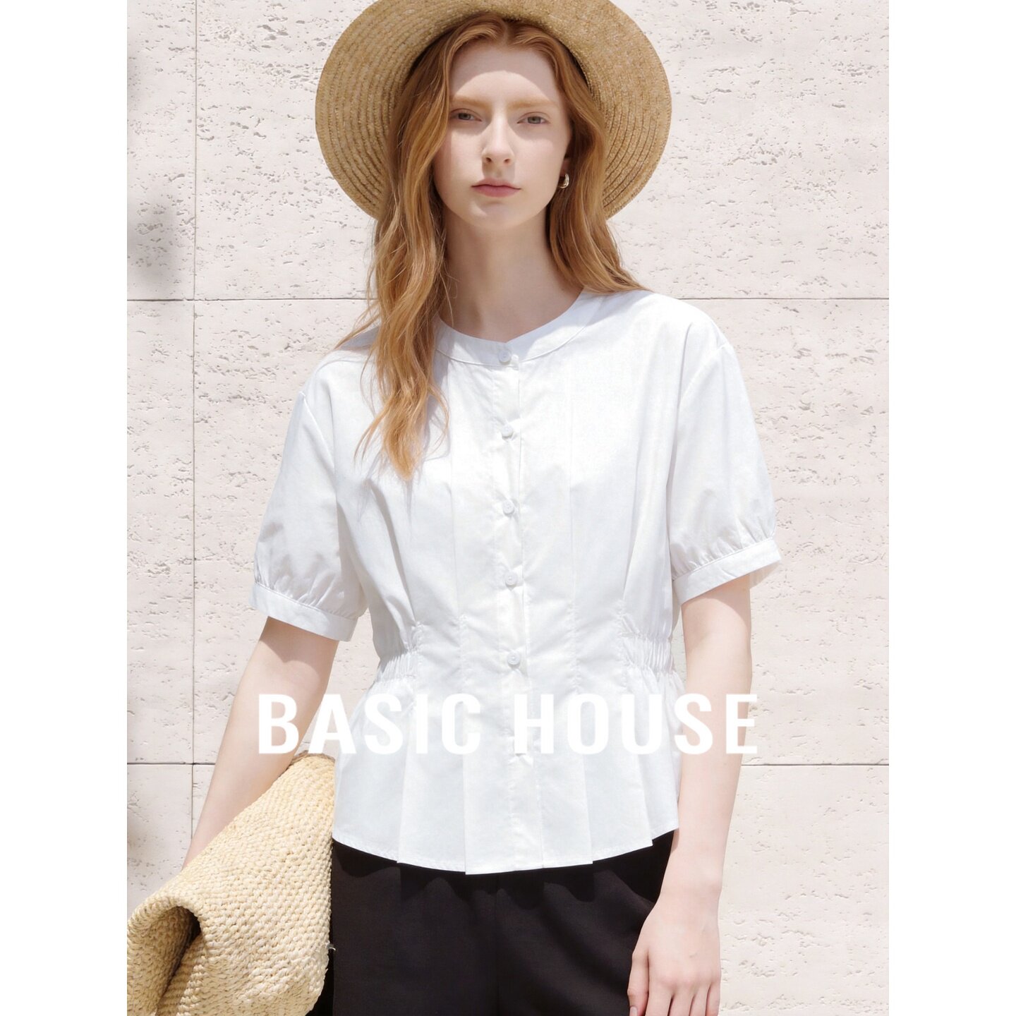 Basic House/百家好小众设计感白色短袖衬衫女夏收腰褶皱纯棉上衣