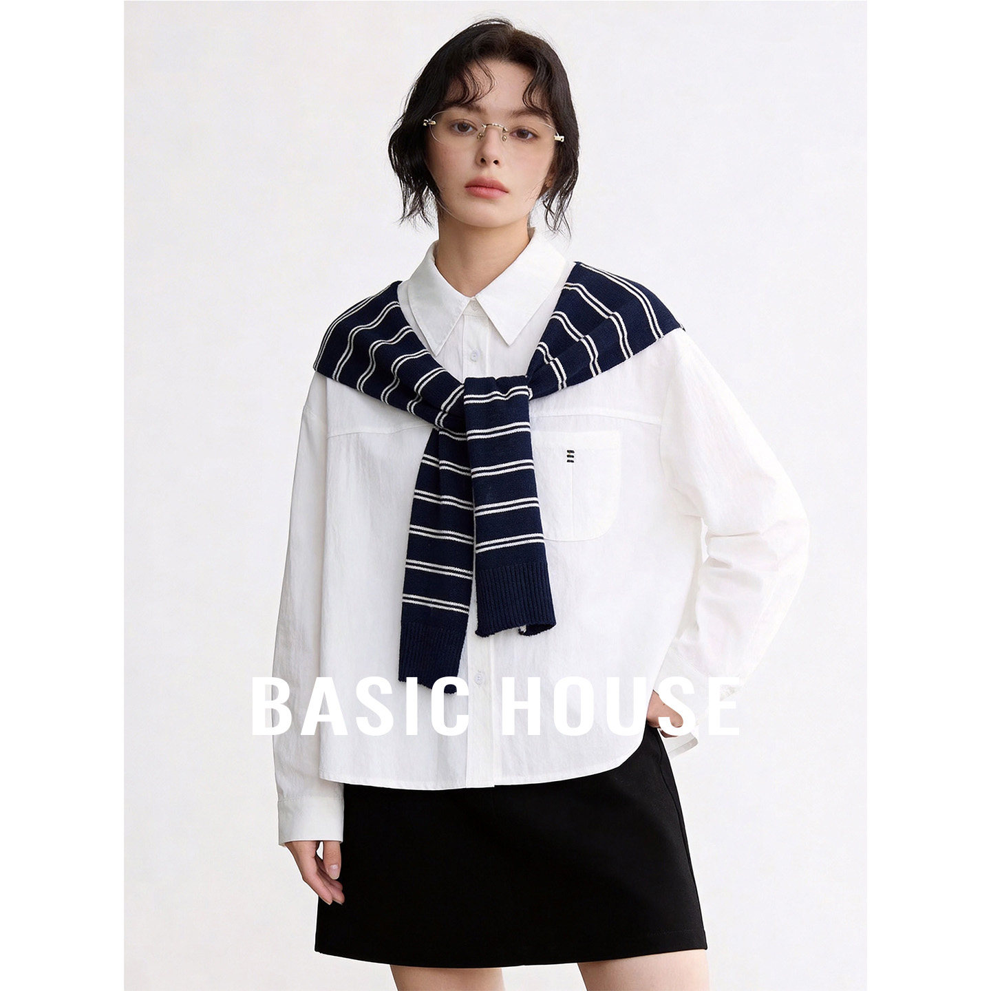Basic House/百家好可拆卸披肩宽松衬衫女秋季纯色百搭长袖上衣
