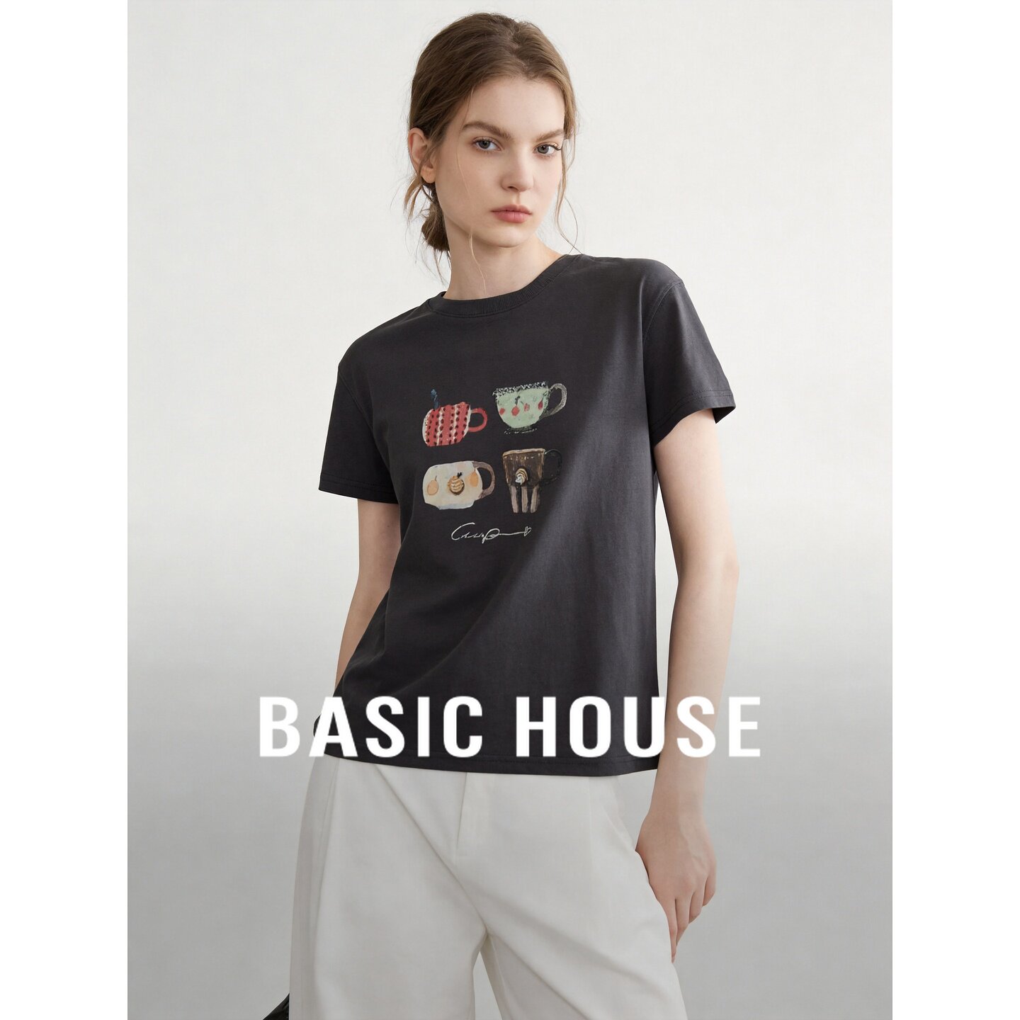 Basic House/百家好韩式卡通印花短袖T恤女夏季圆领休闲显瘦上衣
