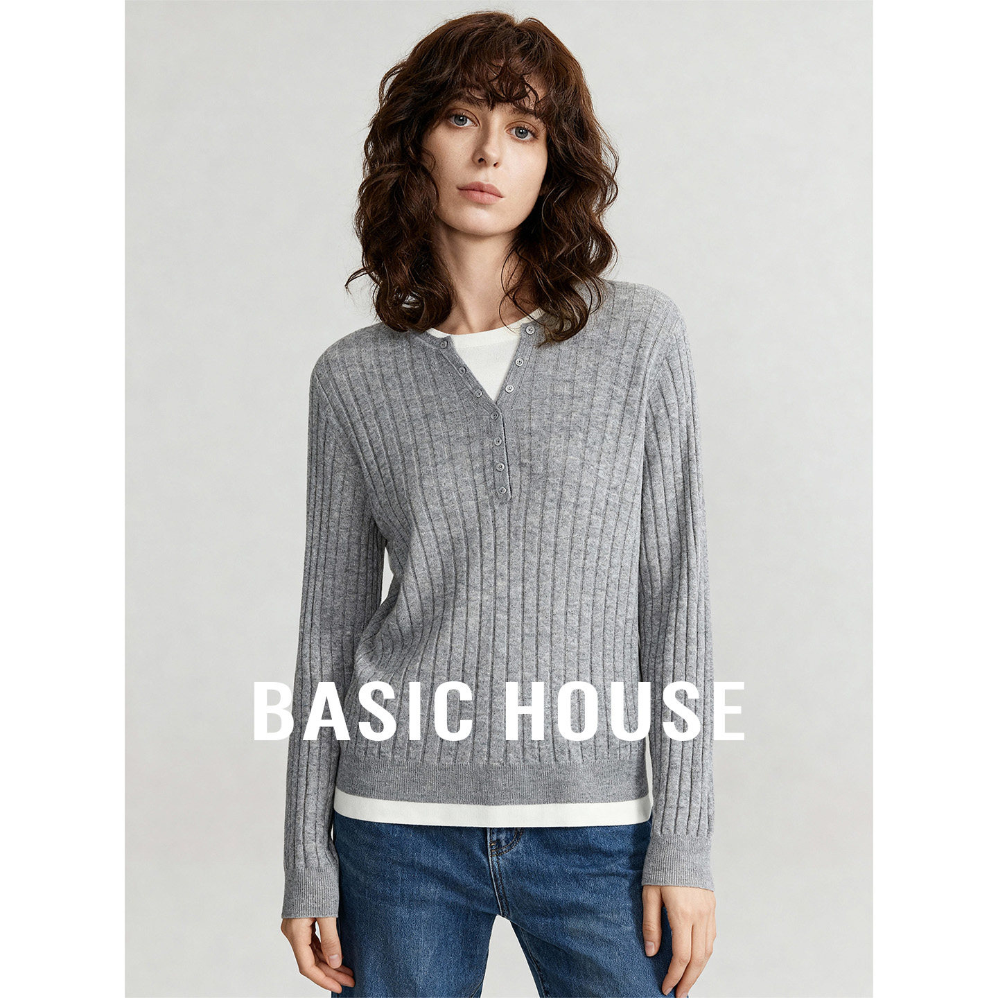 Basic House/百家好撞色假两件针织衫新款绵羊毛短款内搭长袖上衣