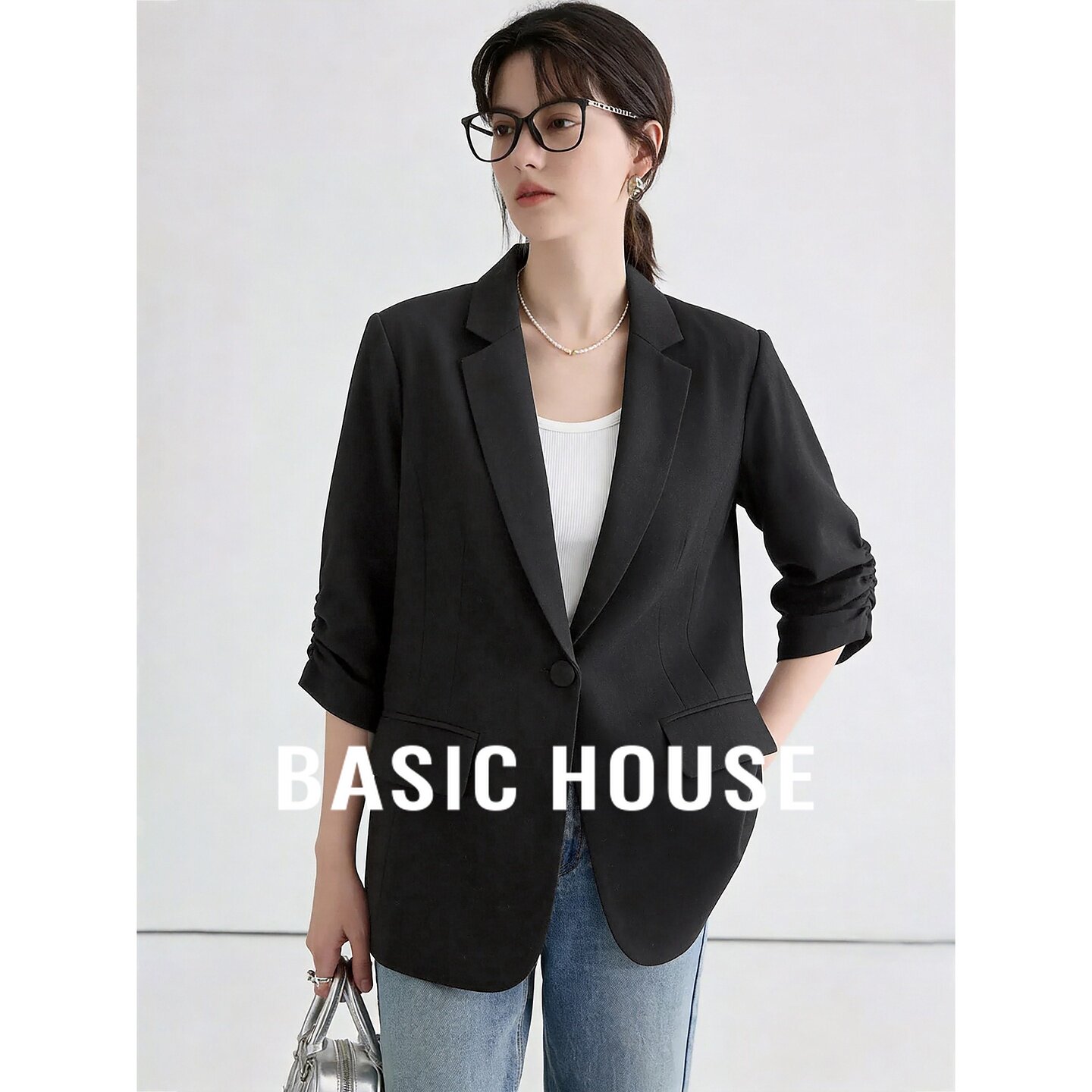 Basic House/百家好新款黑色西装女七分袖翻领宽松休闲西装外套