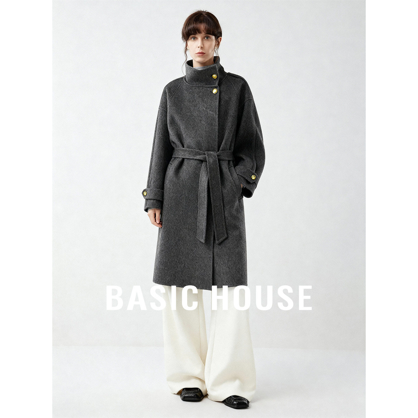 Basic House/百家好冬季立领简约纯色双面呢大衣女保暖中长款外套