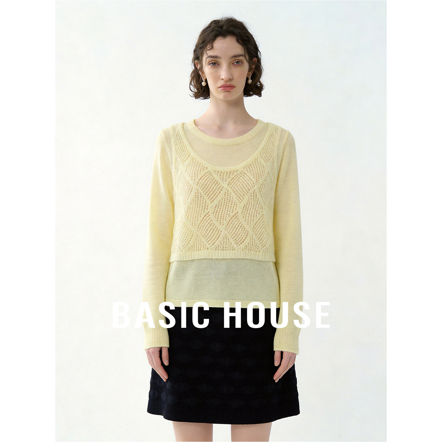 Basic House/百家好假两件黄色针织衫女夏温柔风宽松显瘦长袖上衣
