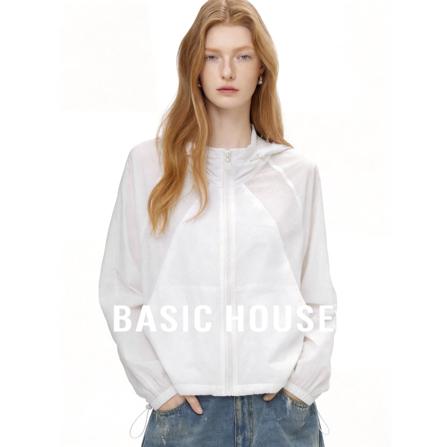 Basic House/百家好黑色连帽防晒衣女2026夏季轻薄开衫宽松短外套
