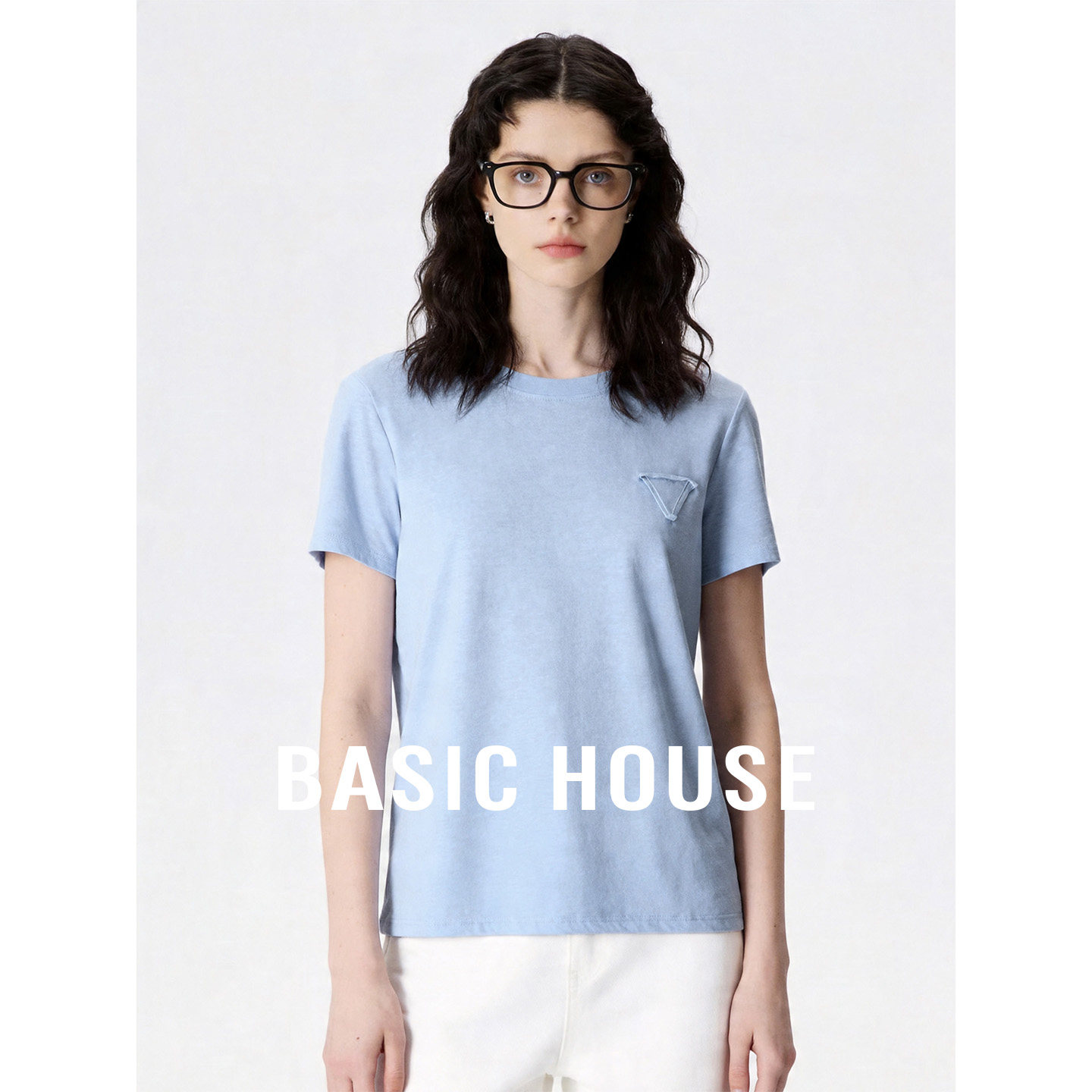 Basic House/百家好蓝色圆领含棉舒适短袖T恤女夏季百搭透气上衣