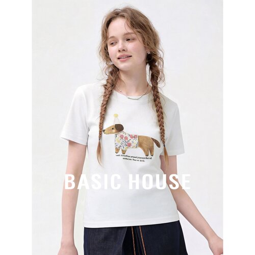 Basic House/百家好卡通小狗印花T恤女夏季新款减龄圆领短袖上衣