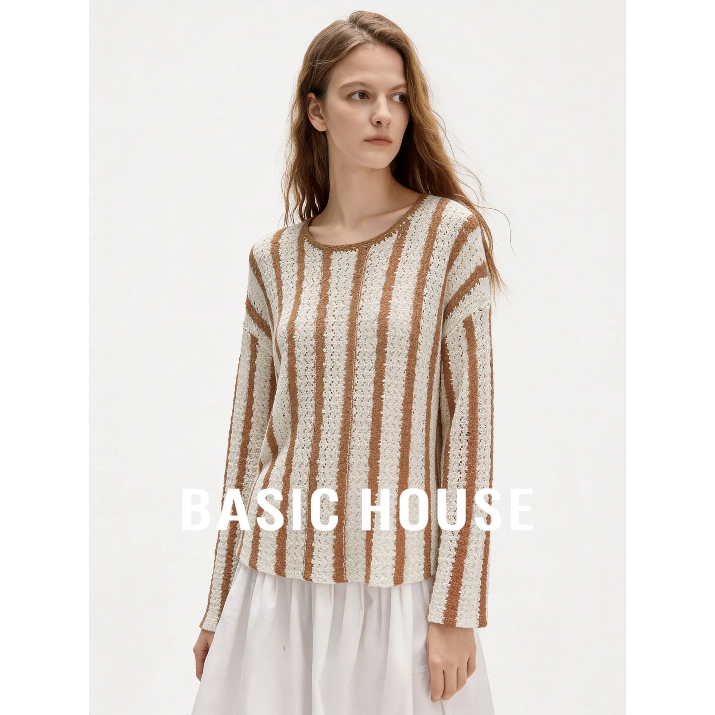 Basic House/百家好条纹镂空针织衫女圆领长袖轻柔上衣秋季新款