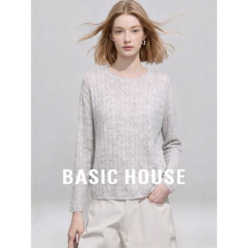 Basic House/百家好慵懒绞花纹理羊毛衫女圆领宽松显瘦基础款针织