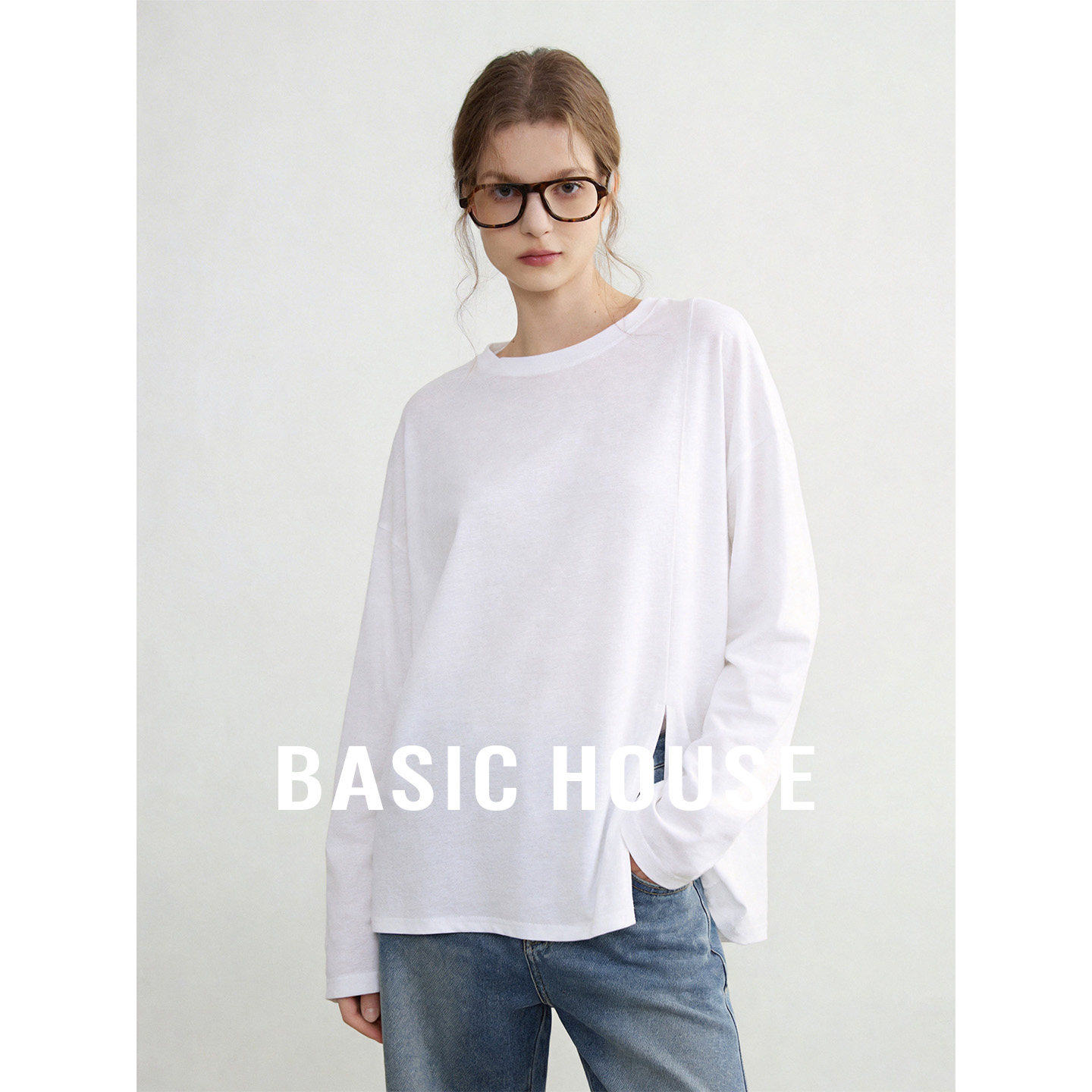 Basic House/百家好圆领侧开叉薄款针织衫女春夏苎麻纯色套头上衣