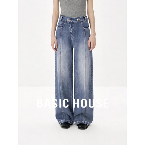 Basic House/百家好设计感阔腿牛仔裤女宽松显瘦百搭长裤显瘦裤装