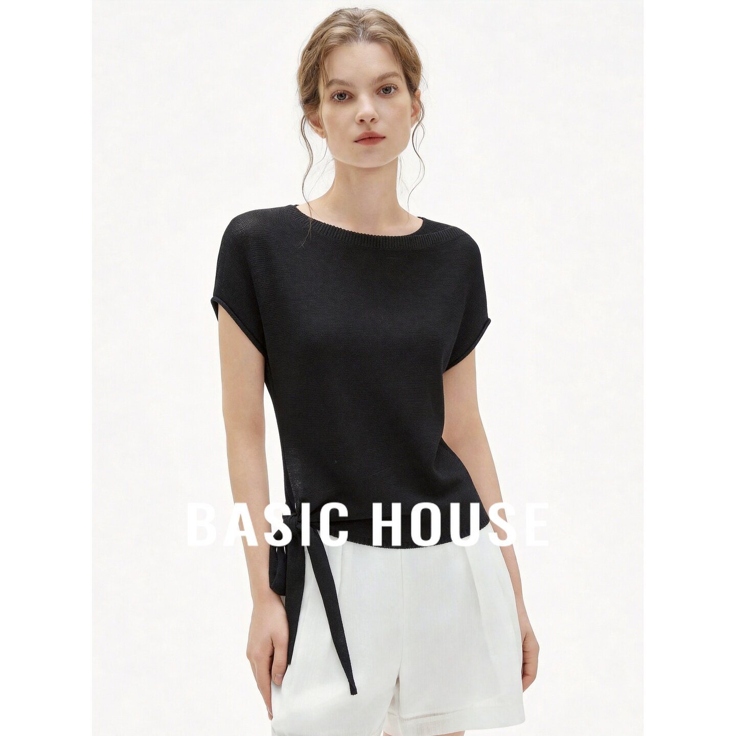 Basic House/百家好黑色短袖针织衫女夏季圆领系带收腰百搭上衣